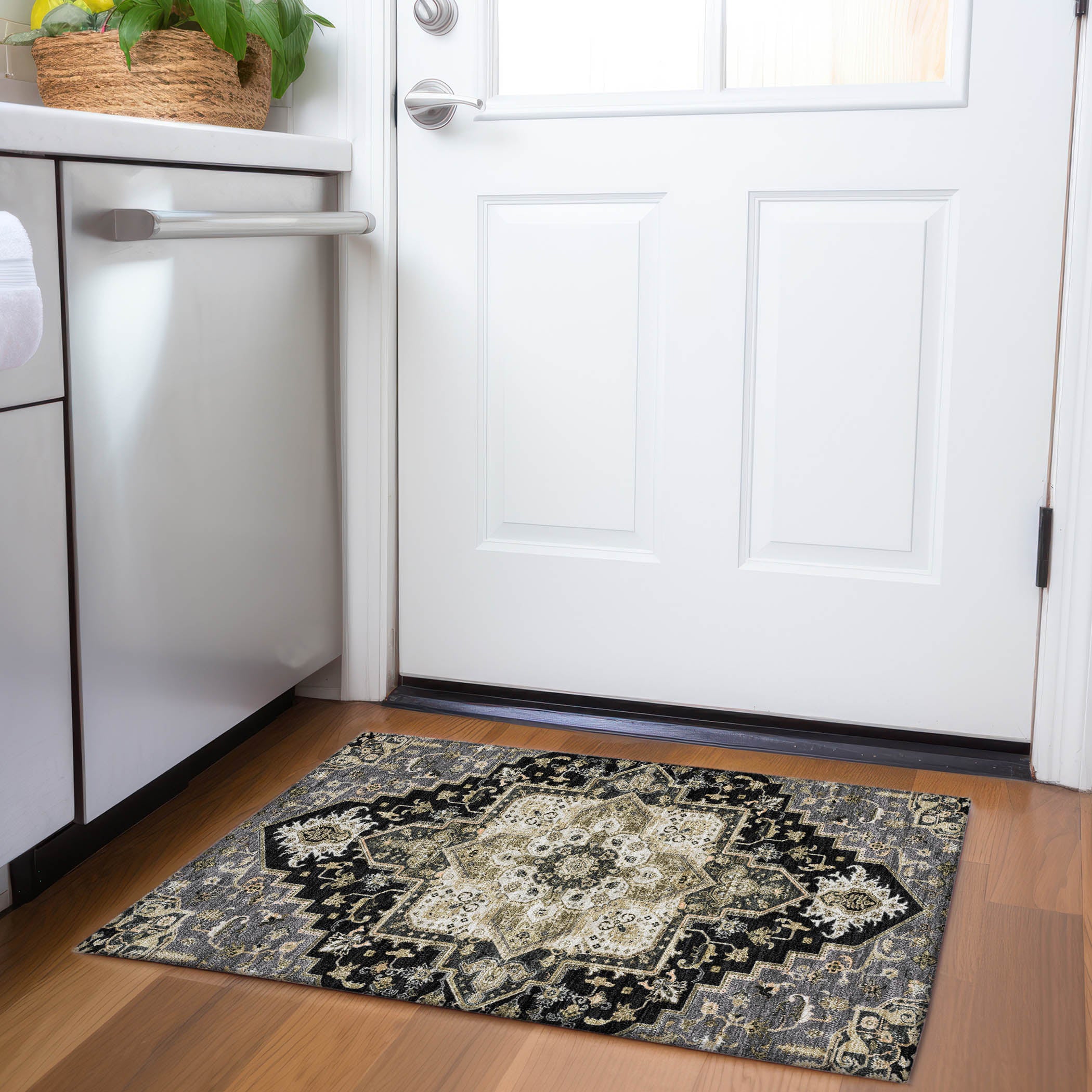 Kathmandu Machine Washable Traditional Black Rug 1'8" x 2'6" #shape_Rectangle