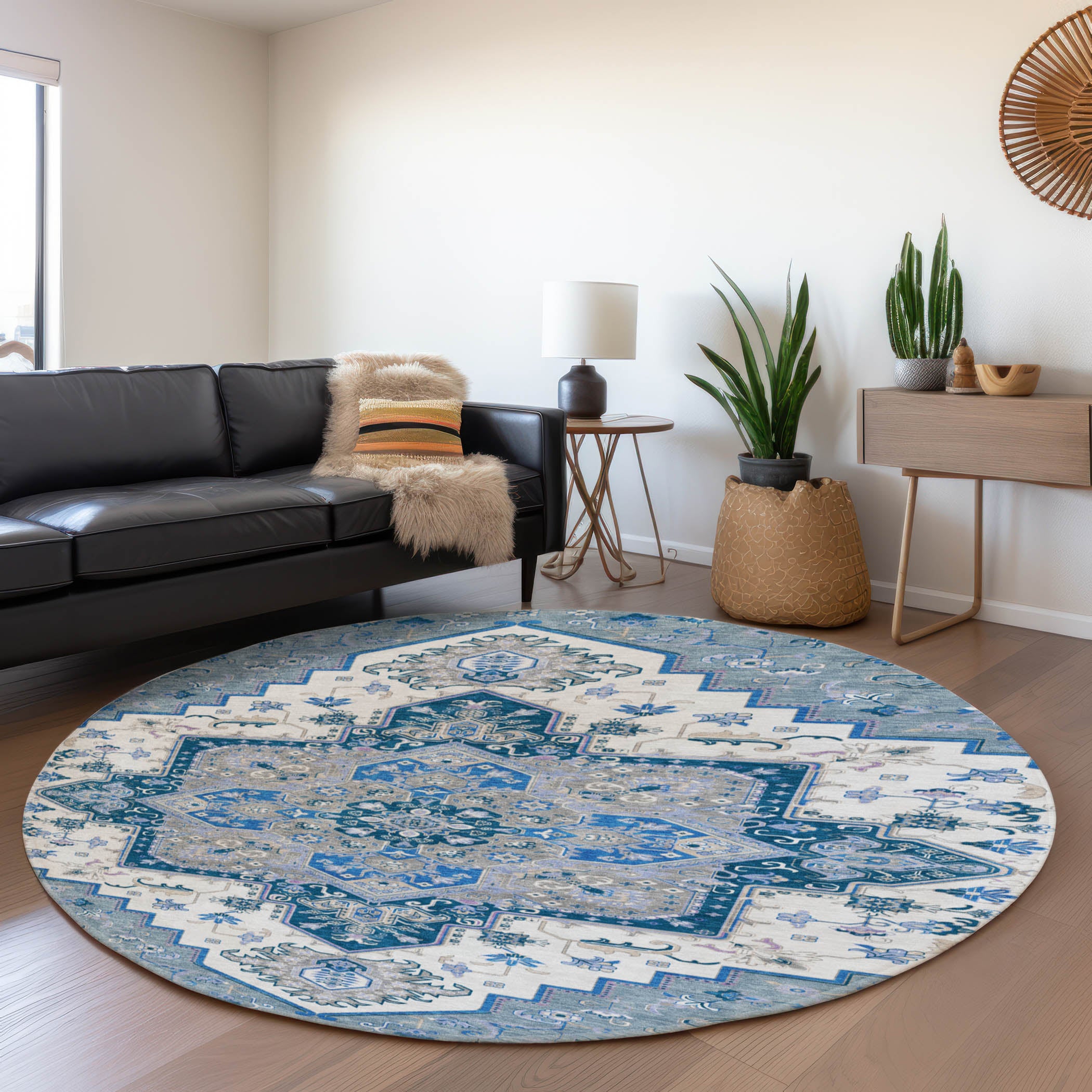 Kathmandu Machine Washable Traditional Blue Rug 8' x 8' #shape_Round
