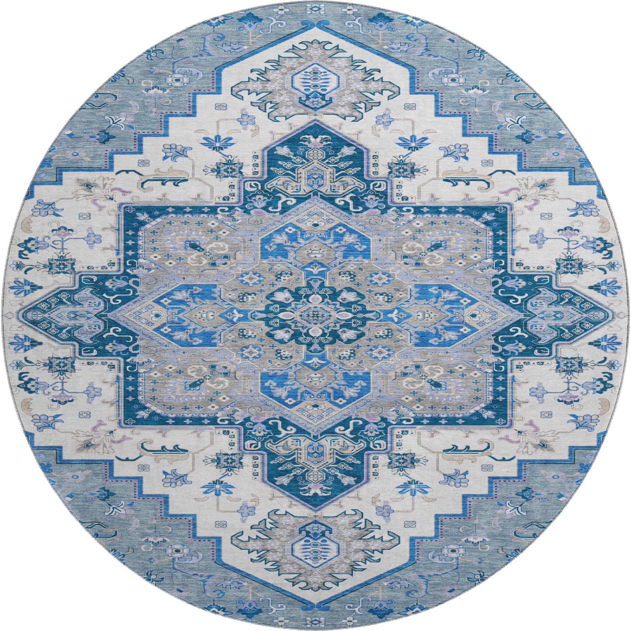 Kathmandu Machine Washable Traditional Blue Rug 8' x 8' #shape_Round