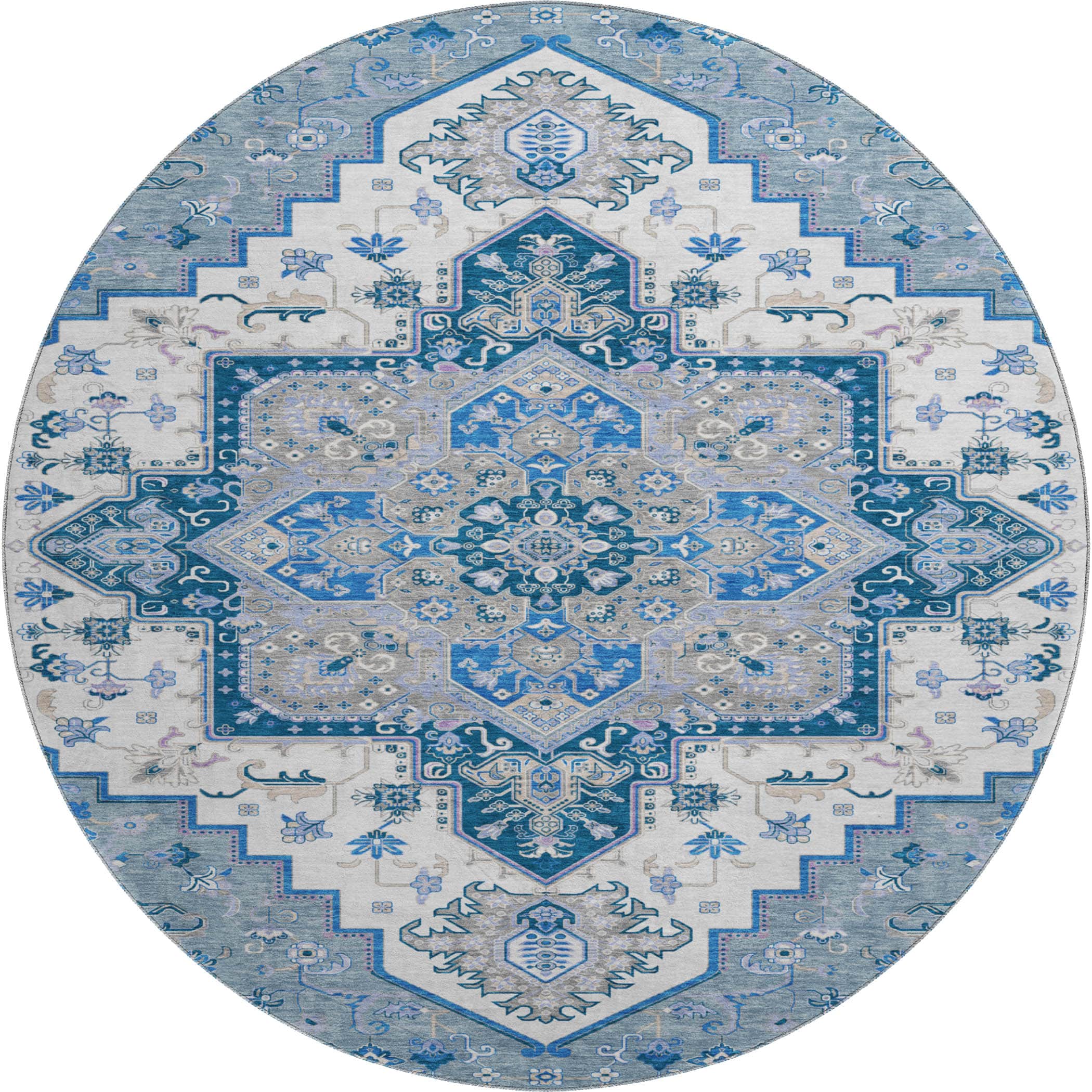Kathmandu Machine Washable Traditional Blue Rug 8' x 8' #shape_Round