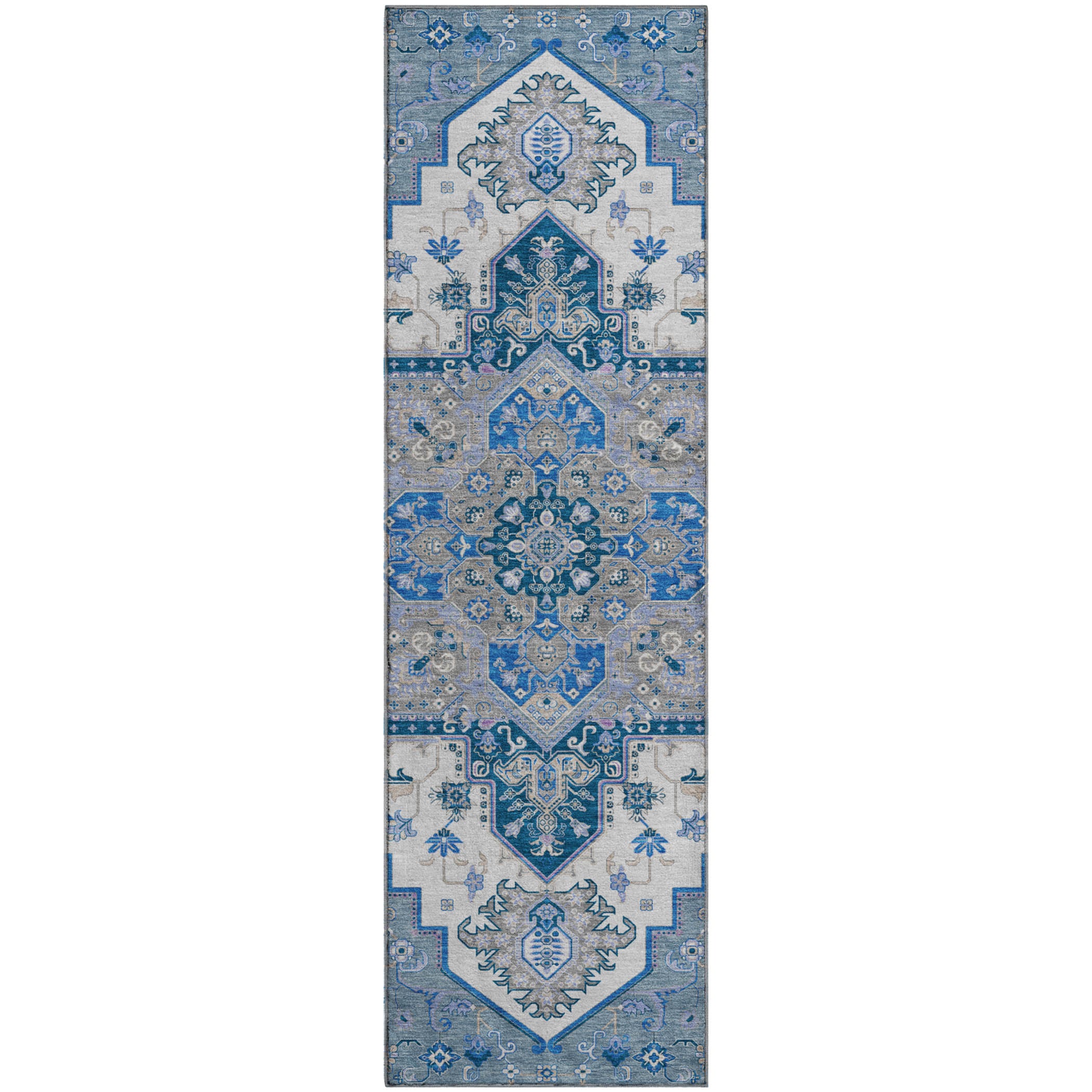 Kathmandu Machine Washable Traditional Blue Rug 2'3" x 7'6" #shape_Runner