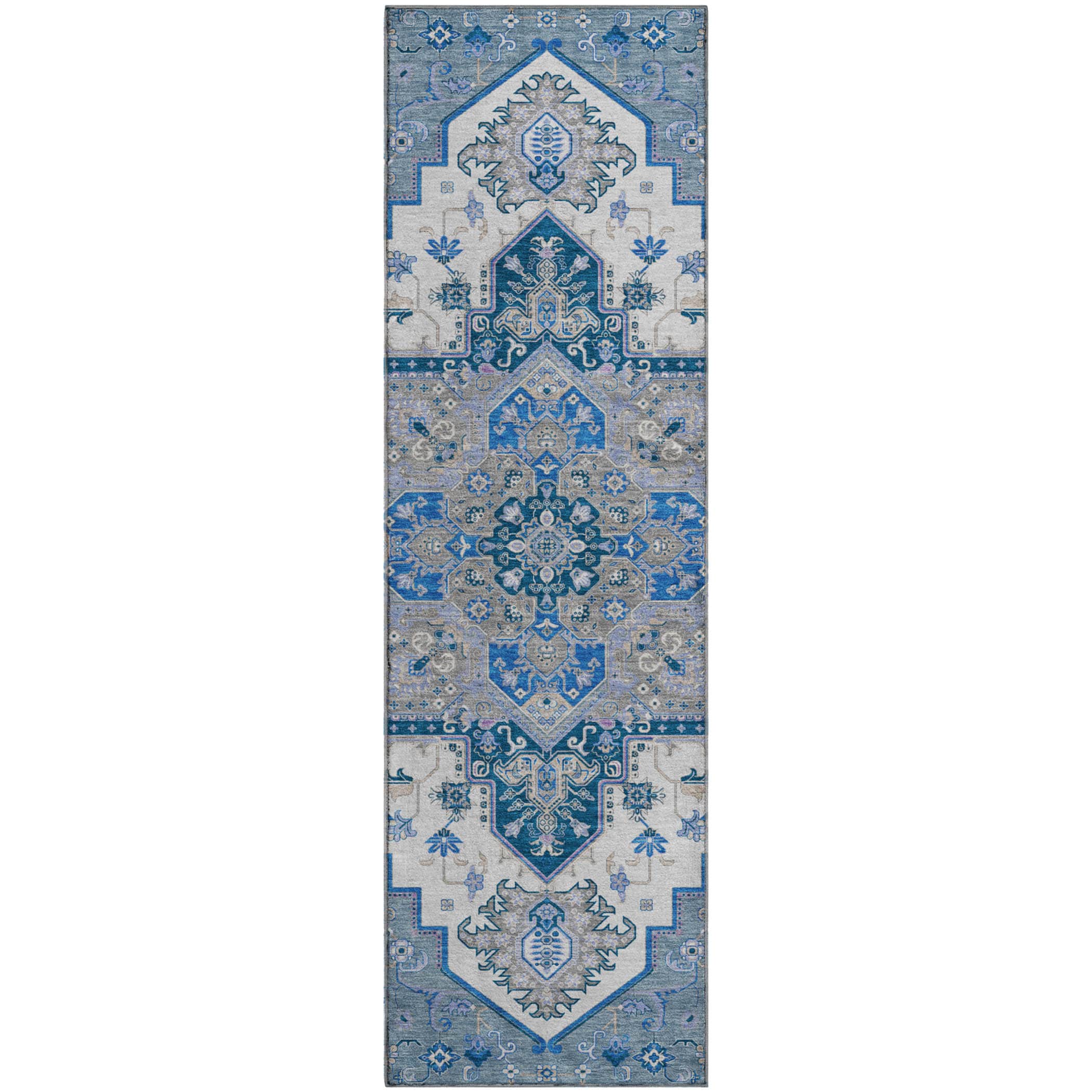 Kathmandu Machine Washable Traditional Blue Rug 2'3" x 7'6" #shape_Runner