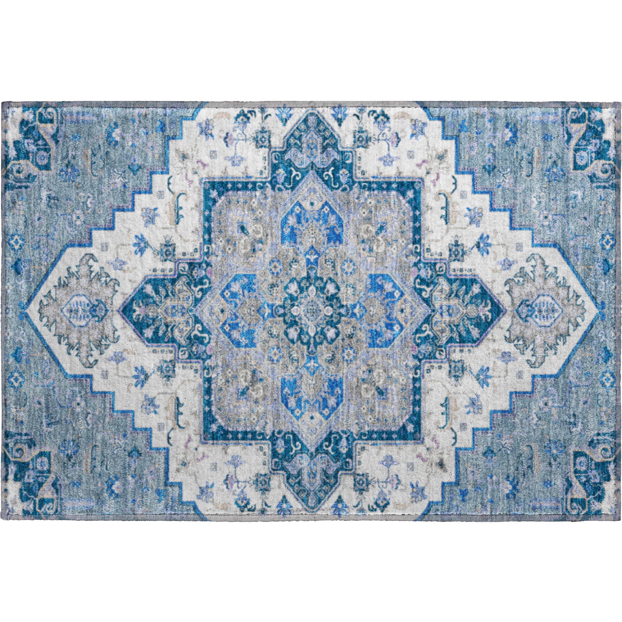 Kathmandu Machine Washable Traditional Blue Rug 1'8" x 2'6" #shape_Rectangle