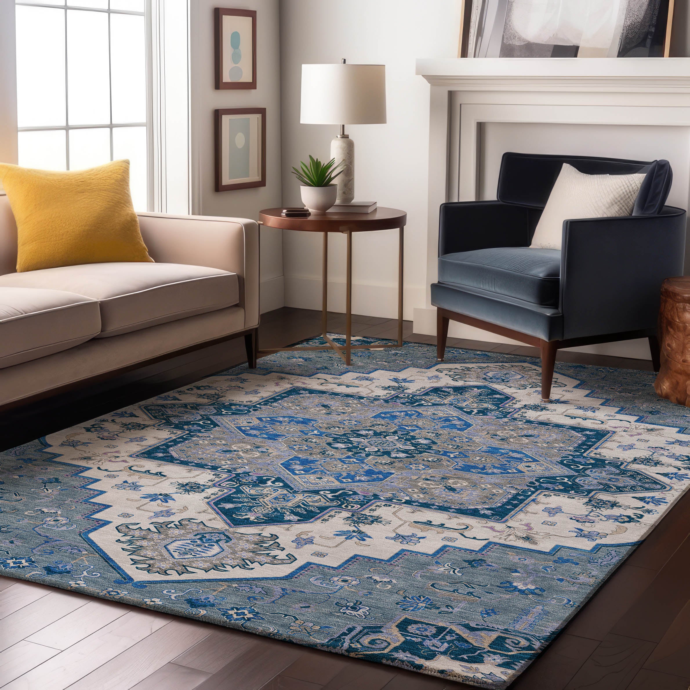 Kathmandu Machine Washable Traditional Blue Rug 2'6" x 3'10" #shape_Rectangle