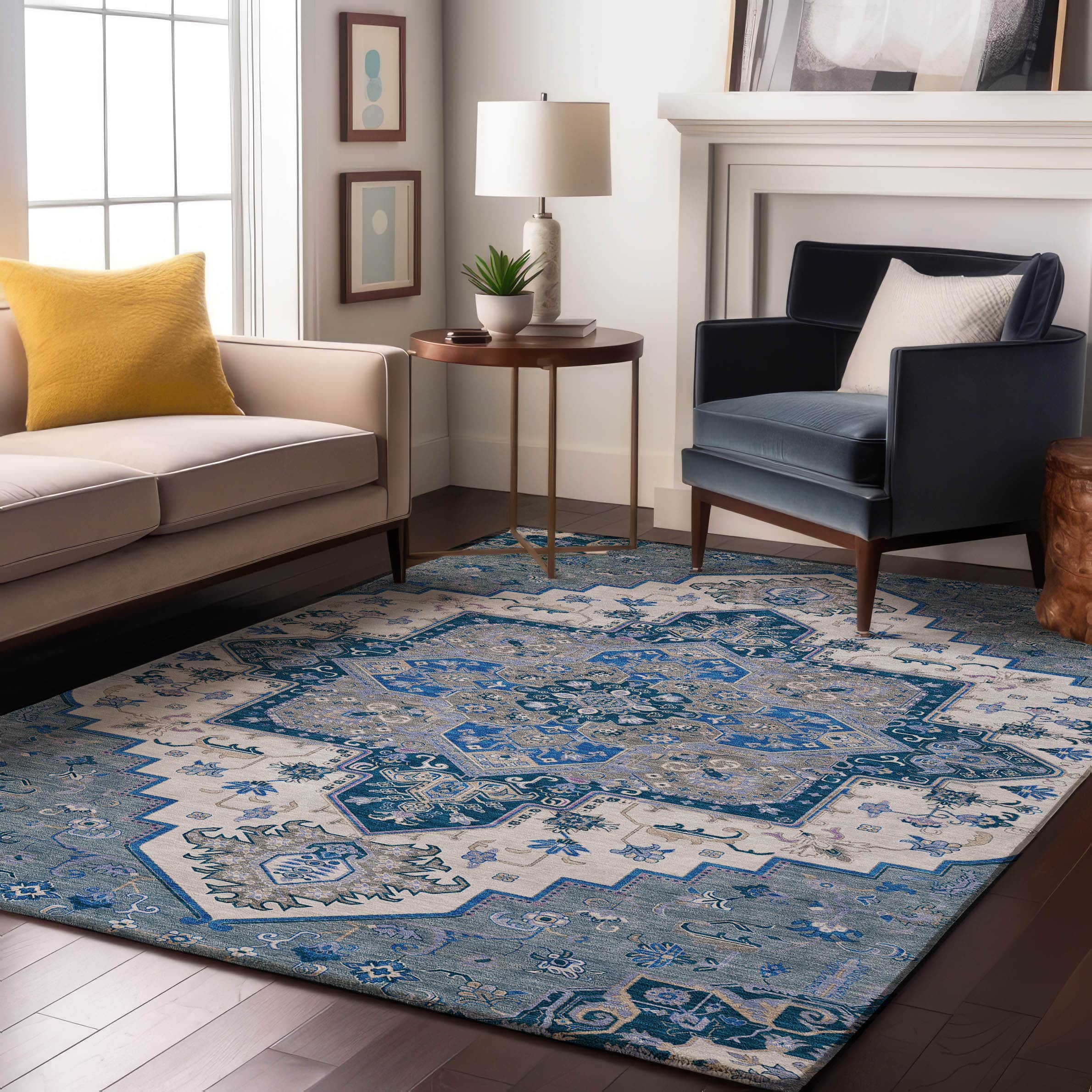 Kathmandu Machine Washable Traditional Blue Rug 2'6" x 3'10" #shape_Rectangle