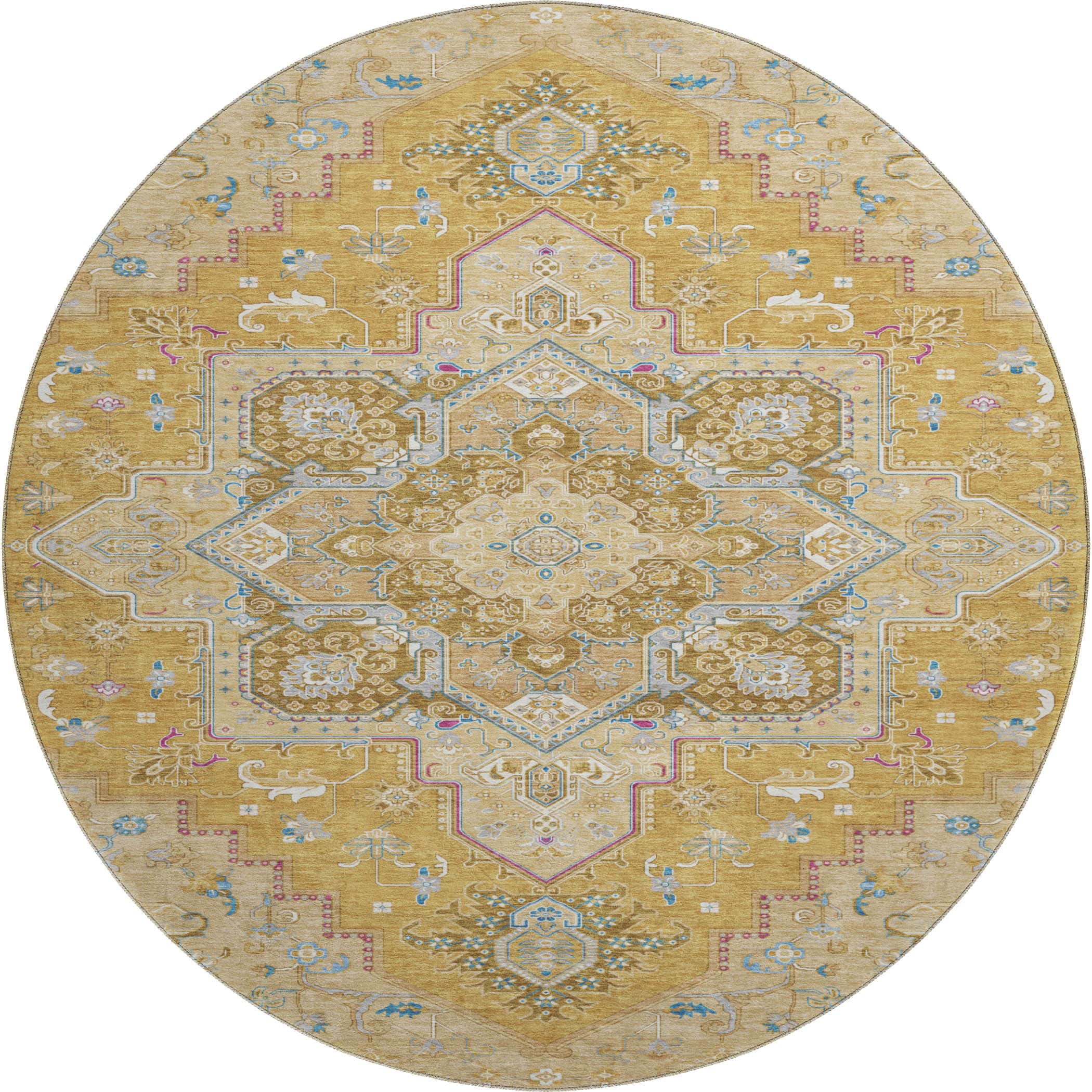 Kathmandu Machine Washable Traditional Gold Rug 8' x 8' #shape_Round