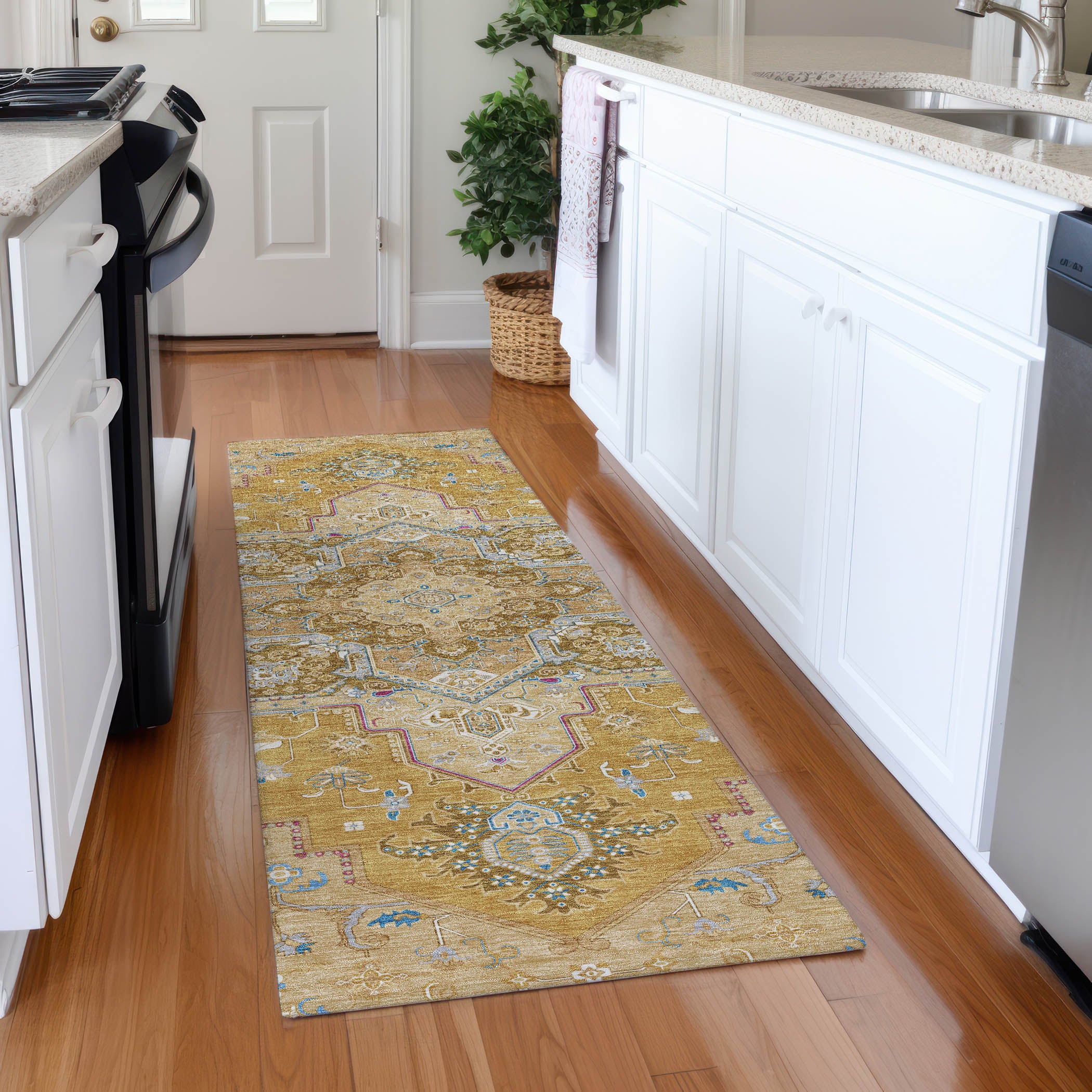 Kathmandu Machine Washable Traditional Gold Rug 2'3" x 7'6" #shape_Runner