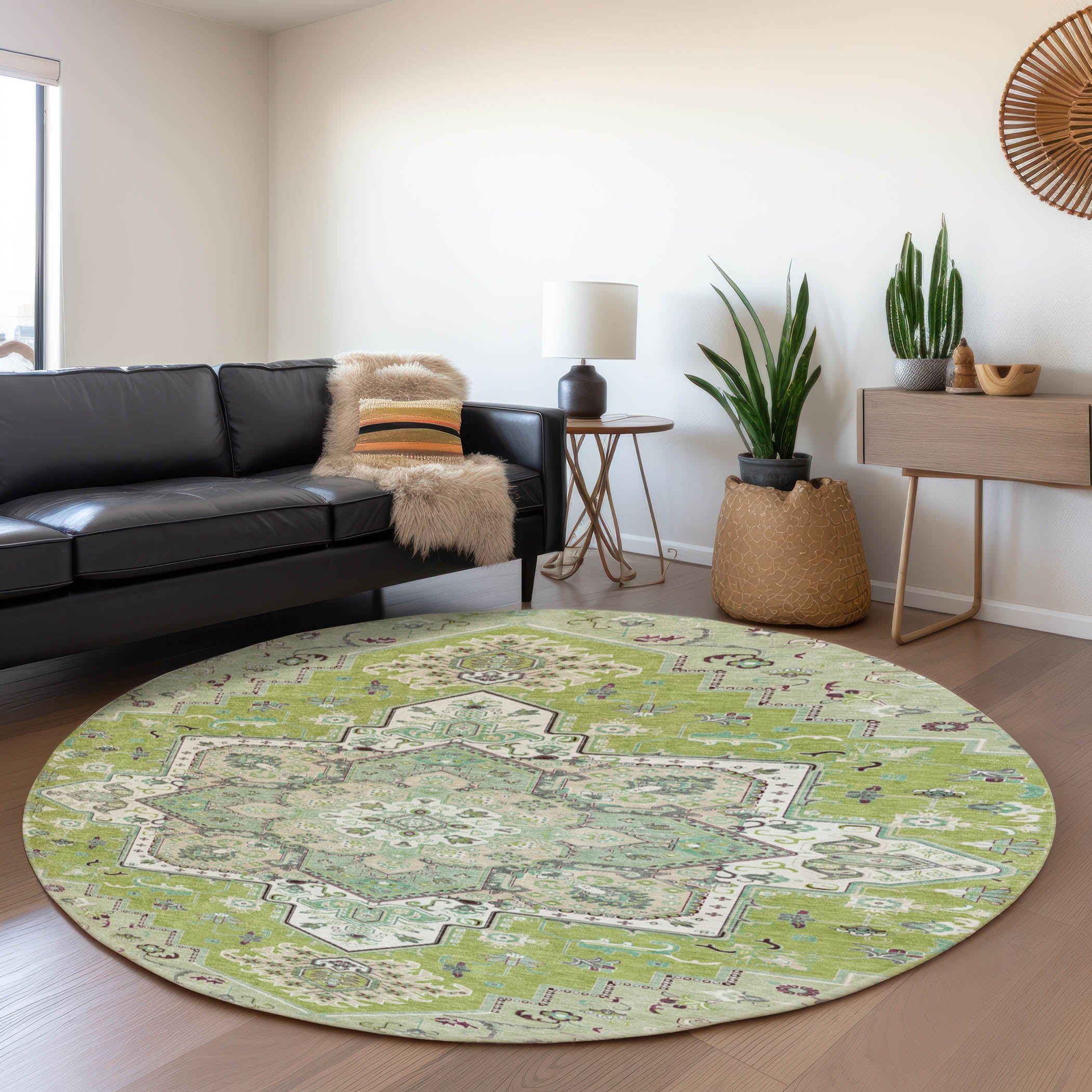 Kathmandu Machine Washable Traditional Green Rug 8' x 8' #shape_Round