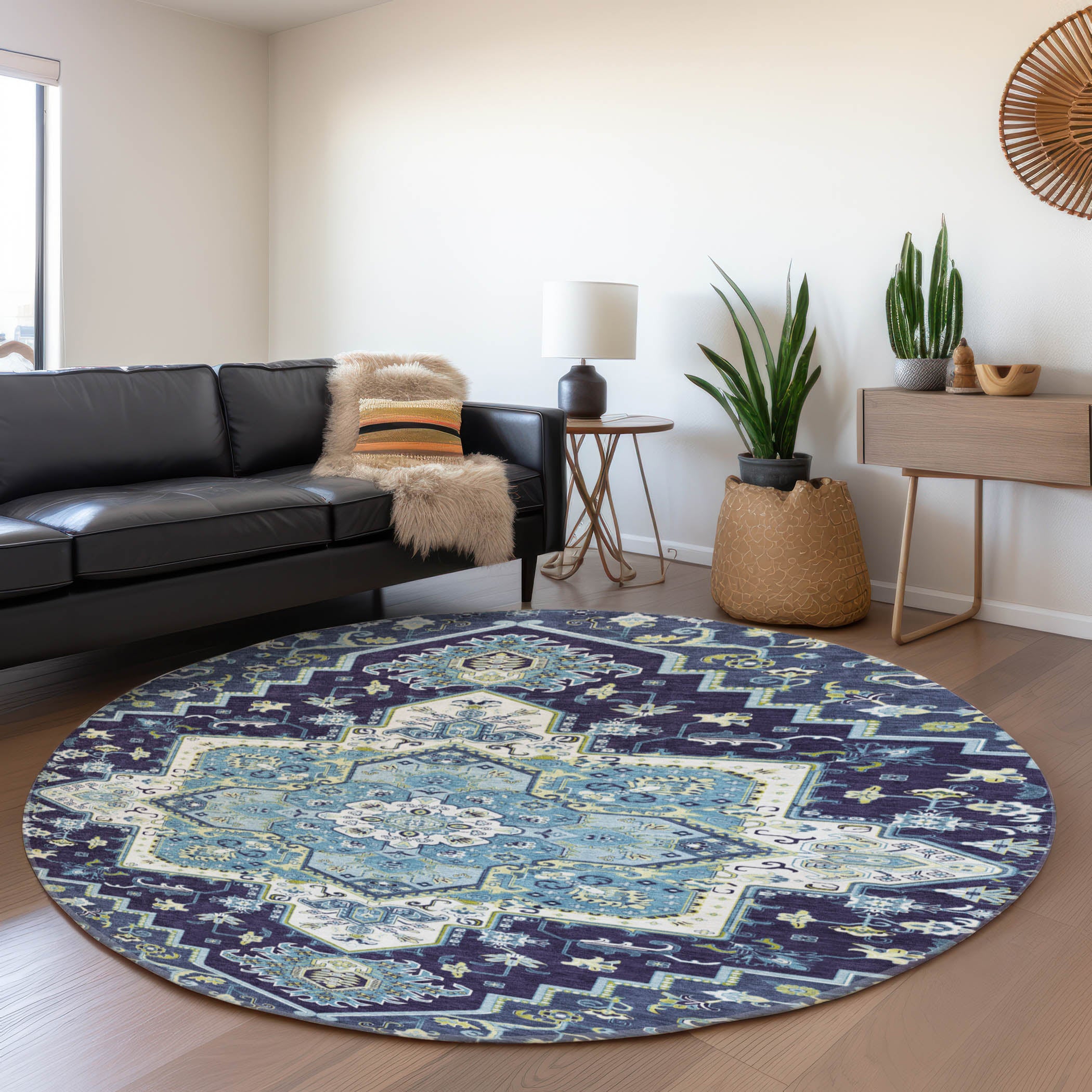 Kathmandu Machine Washable Traditional Navy Blue Rug 8' x 8' #shape_Round