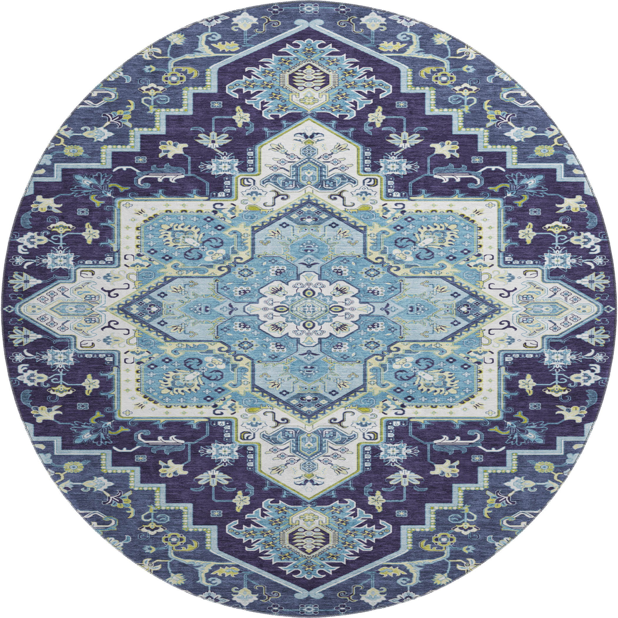 Kathmandu Machine Washable Traditional Navy Blue Rug 8' x 8' #shape_Round