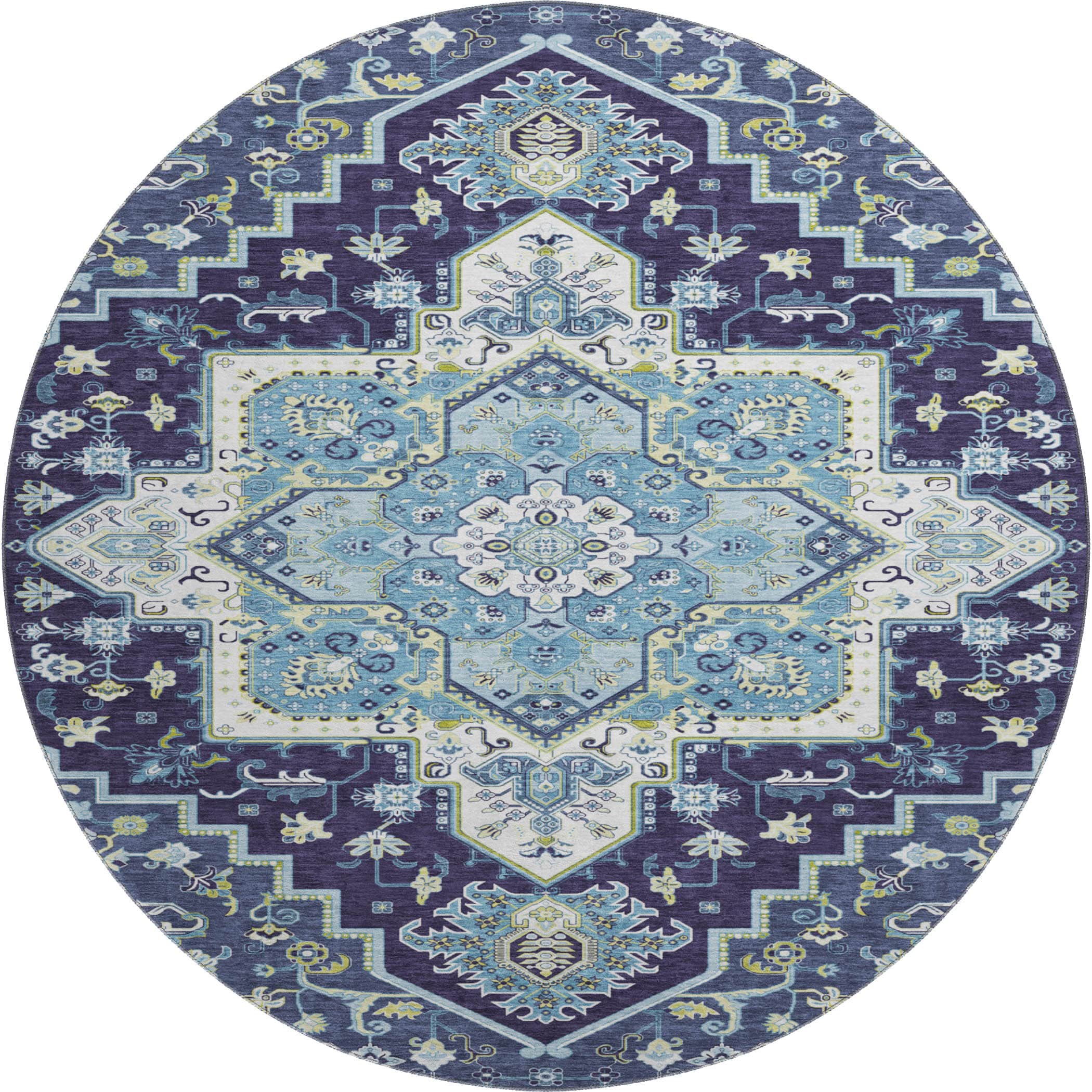 Kathmandu Machine Washable Traditional Navy Blue Rug 8' x 8' #shape_Round