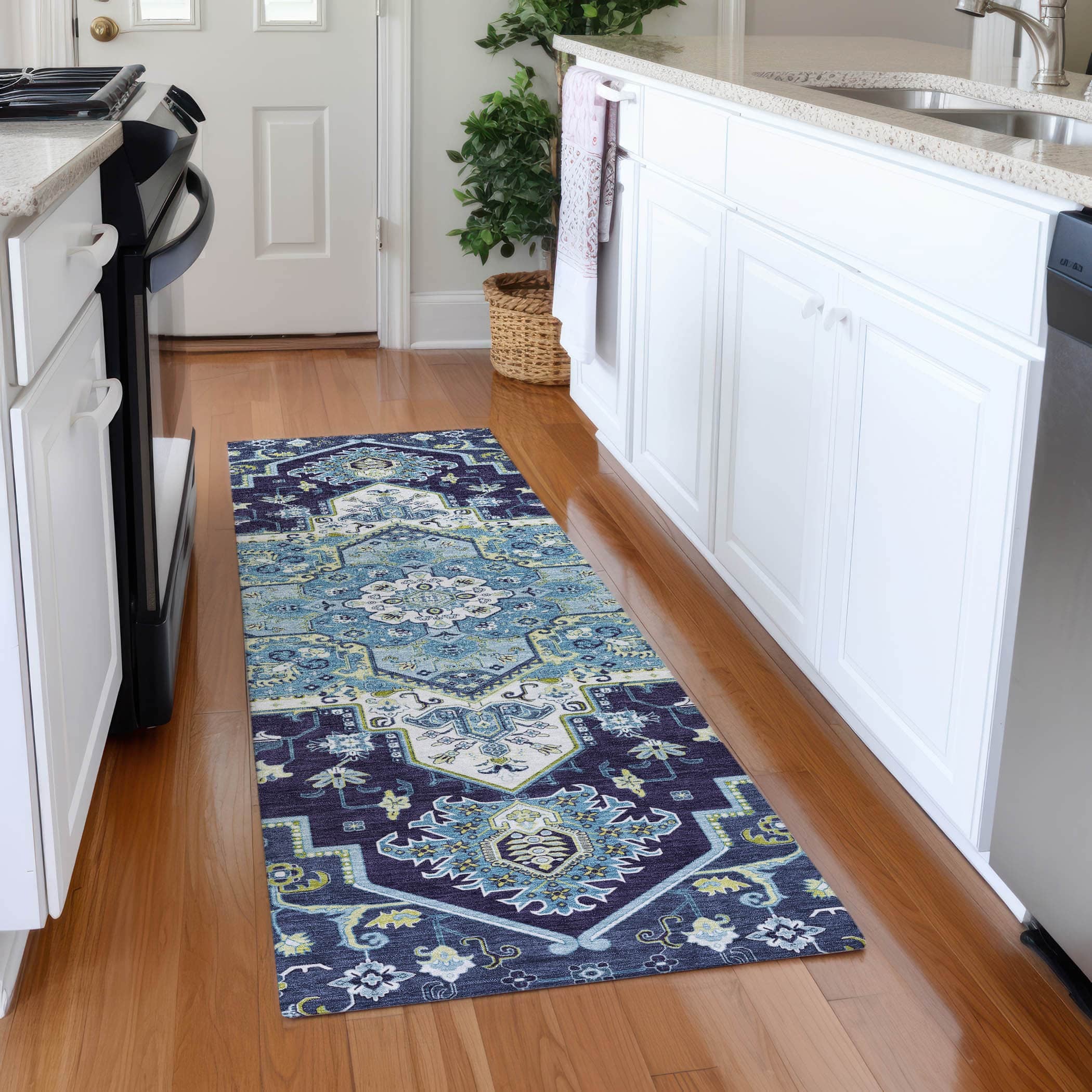 Kathmandu Machine Washable Traditional Navy Blue Rug 2'3" x 7'6" #shape_Runner