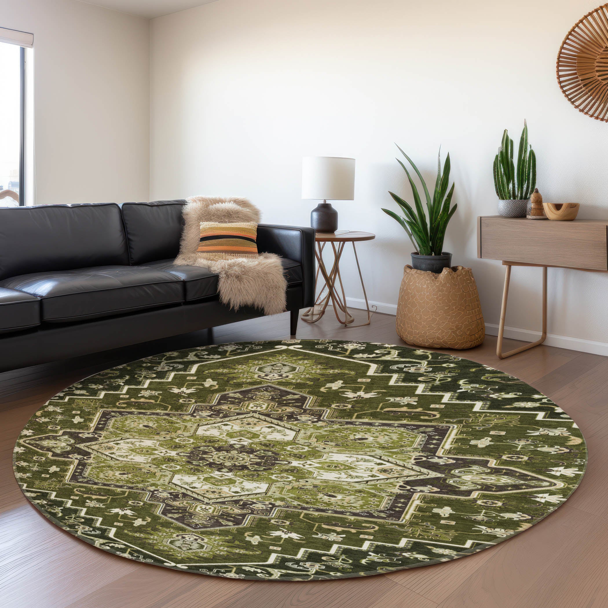Kathmandu Machine Washable Traditional Olive Green Rug 8' x 8' #shape_Round