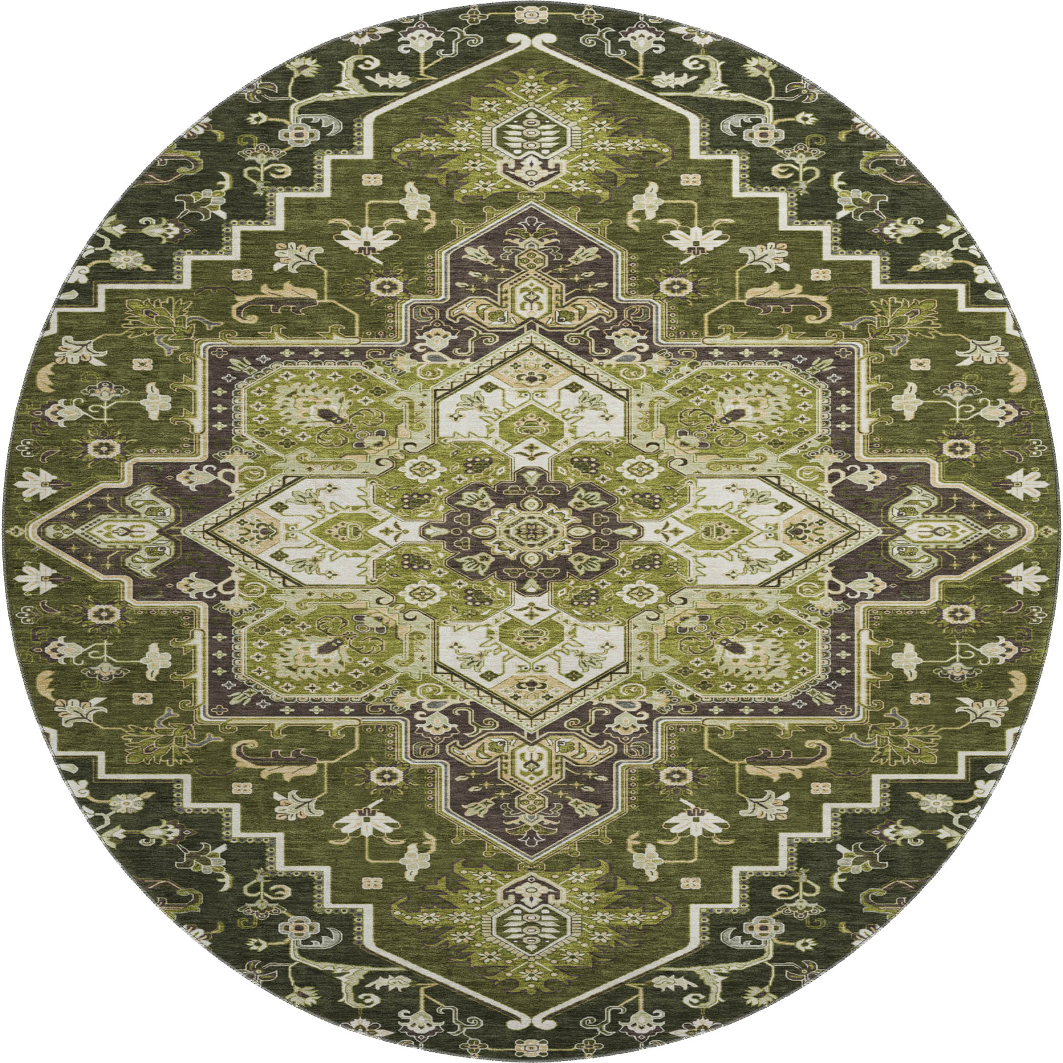 Kathmandu Machine Washable Traditional Olive Green Rug 8' x 8' #shape_Round