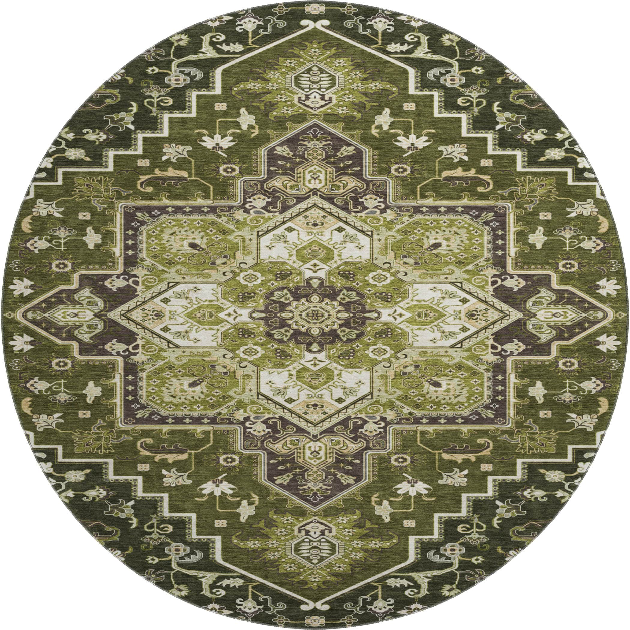 Kathmandu Machine Washable Traditional Olive Green Rug 8' x 8' #shape_Round