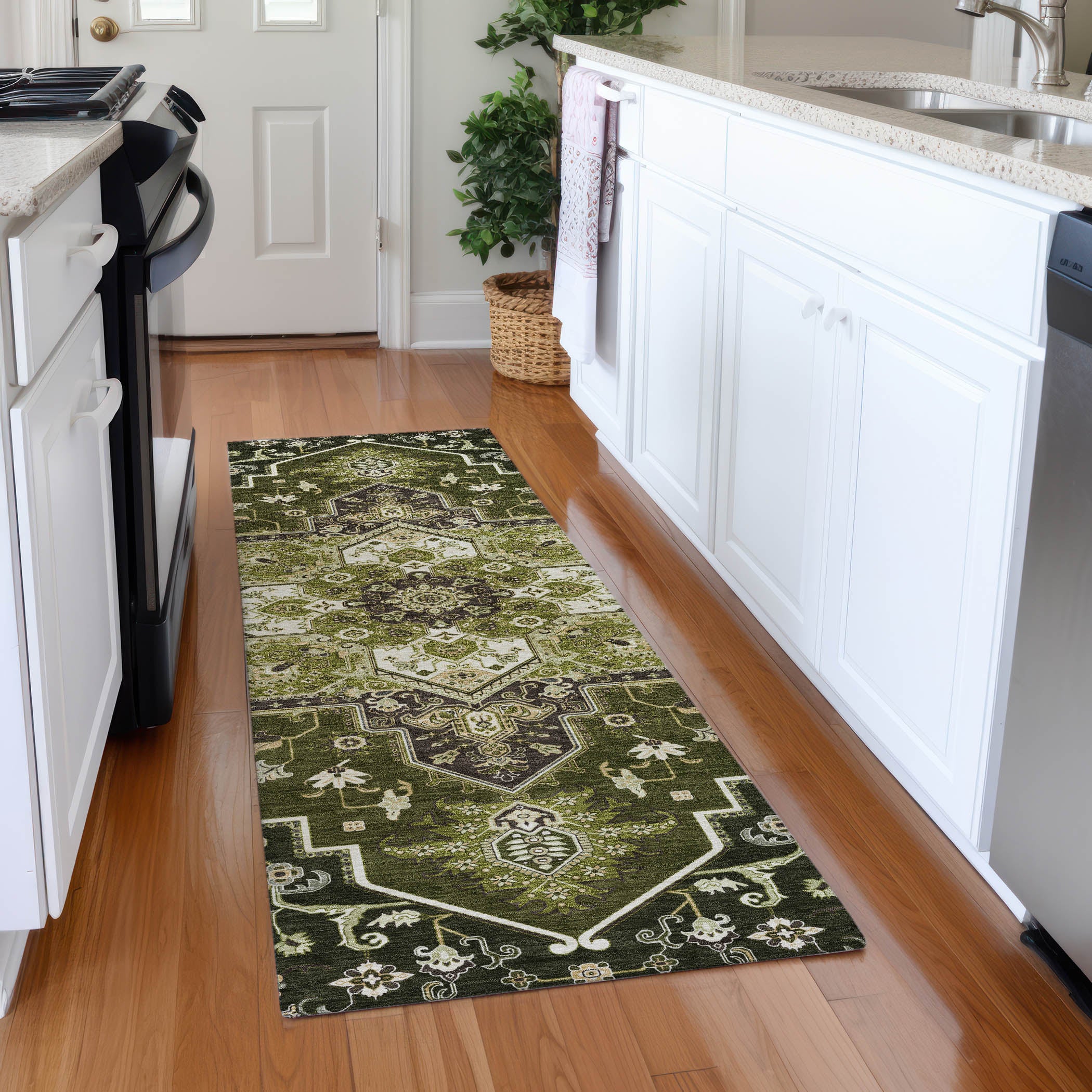 Kathmandu Machine Washable Traditional Olive Green Rug 2'3" x 7'6" #shape_Runner