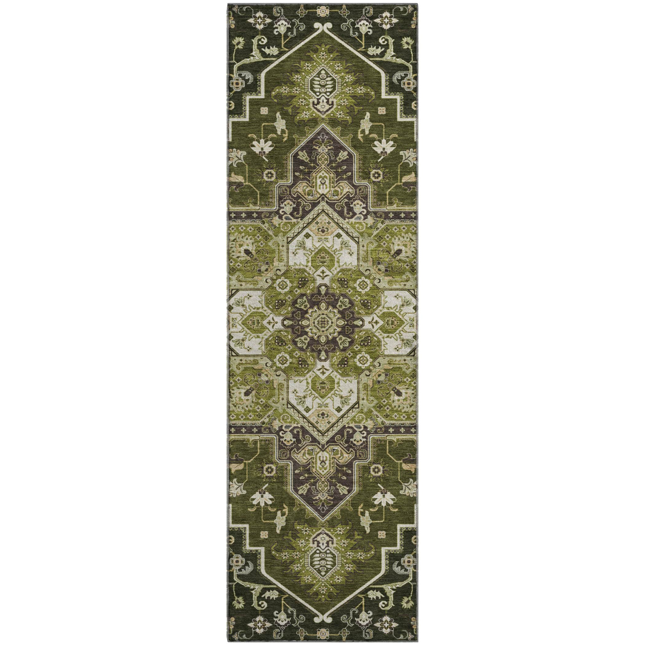 Kathmandu Machine Washable Traditional Olive Green Rug 2'3" x 7'6" #shape_Runner