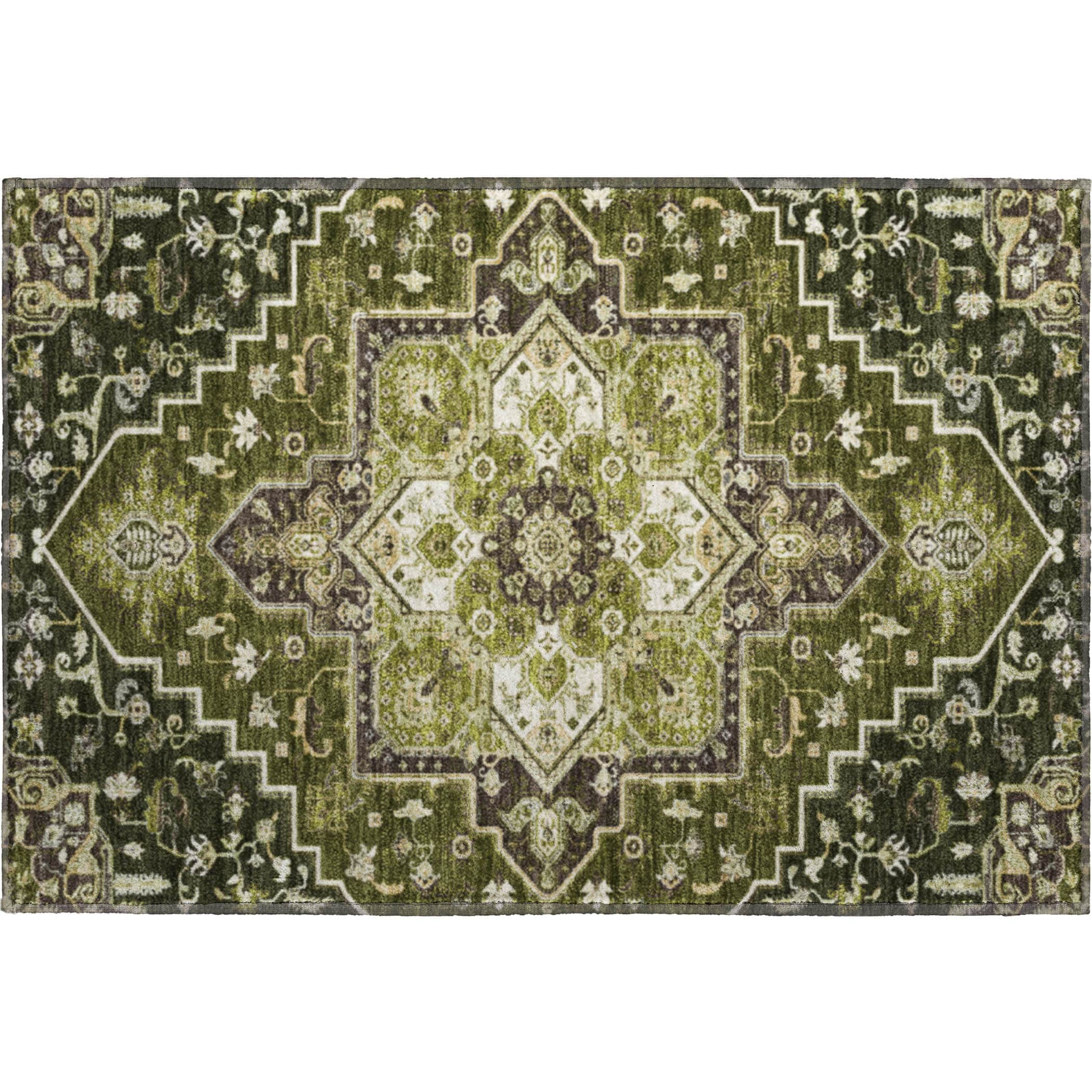 Kathmandu Machine Washable Traditional Olive Green Rug 1'8" x 2'6" #shape_Rectangle
