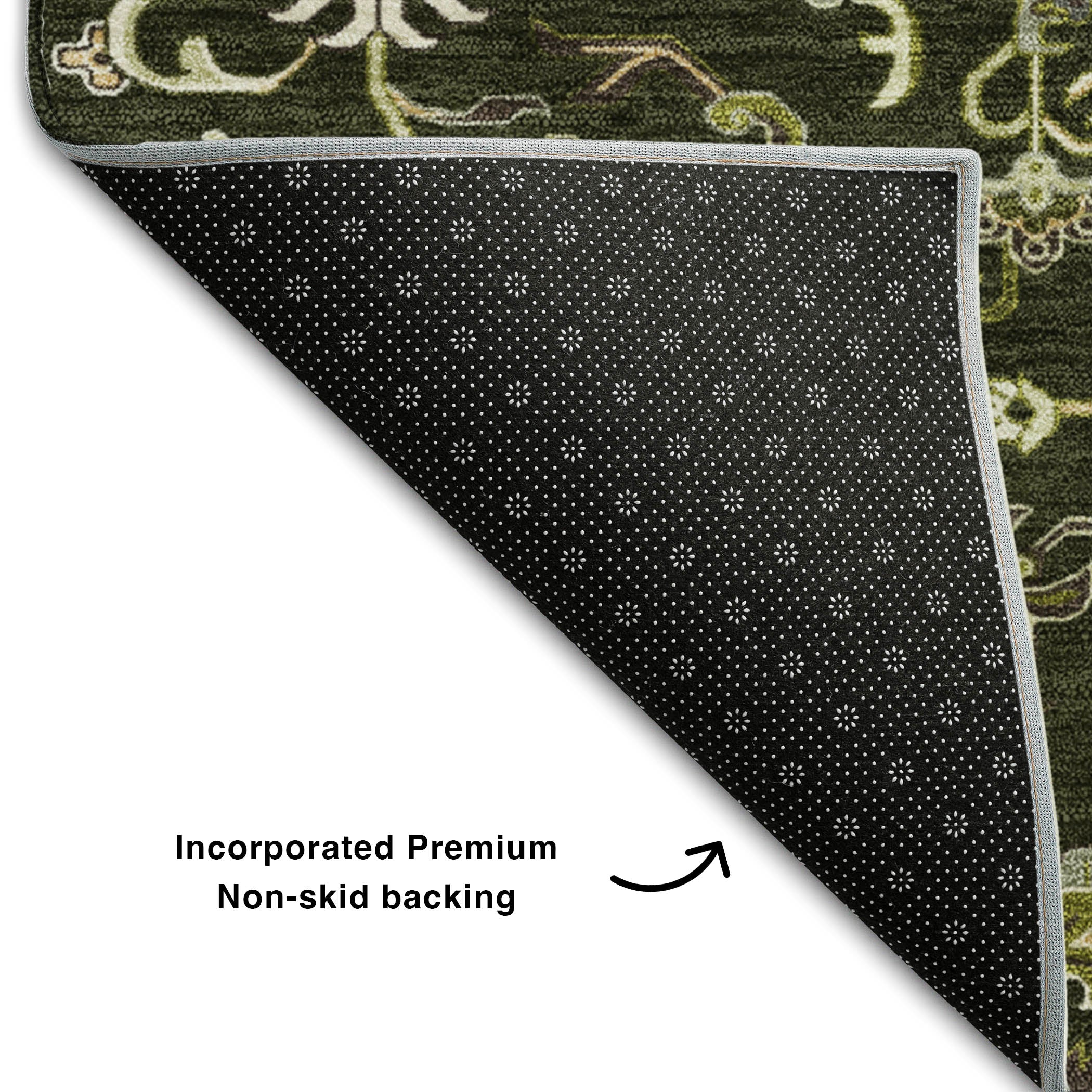 Kathmandu Machine Washable Traditional Olive Green Rug 1'8" x 2'6" #shape_Rectangle