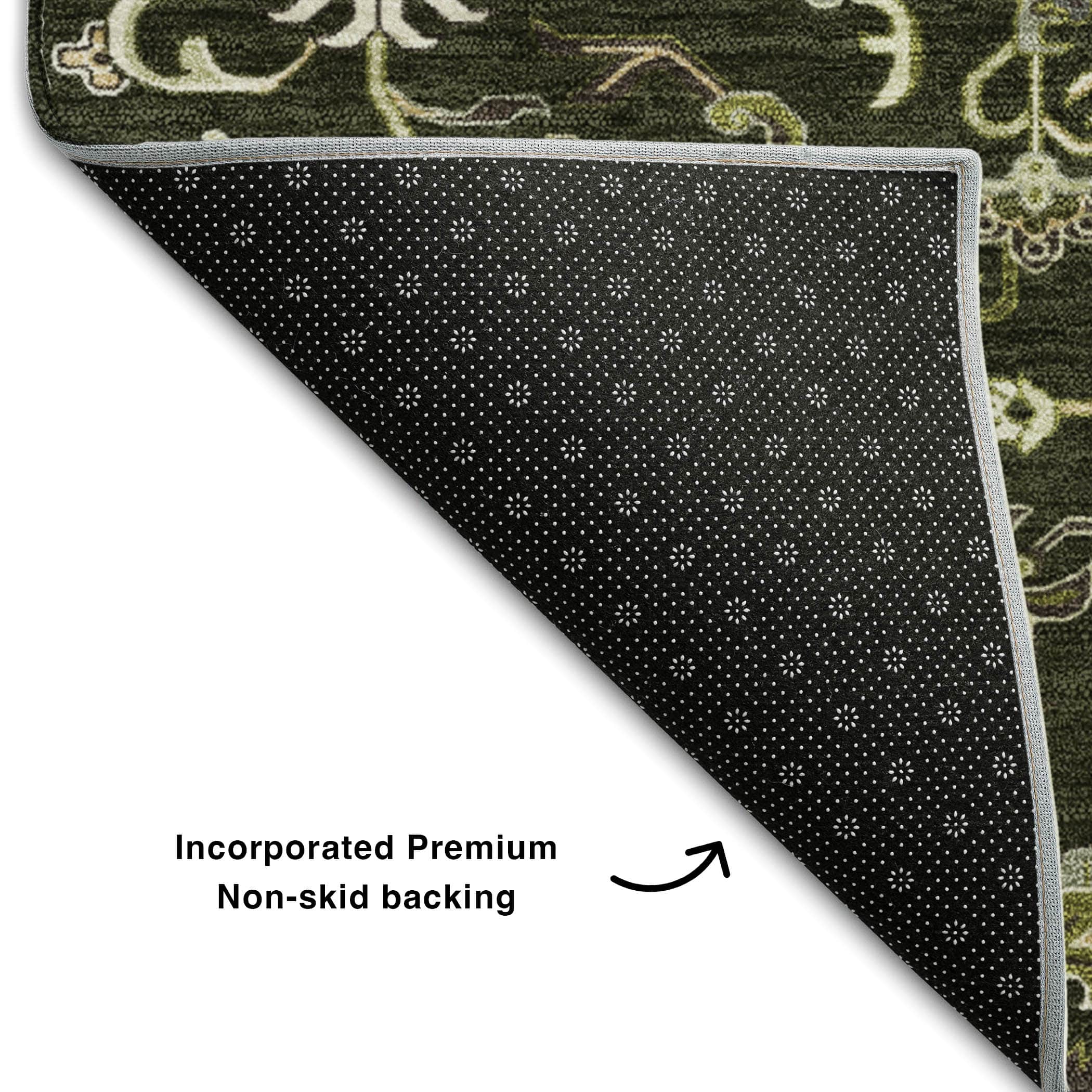 Kathmandu Machine Washable Traditional Olive Green Rug 1'8" x 2'6" #shape_Rectangle