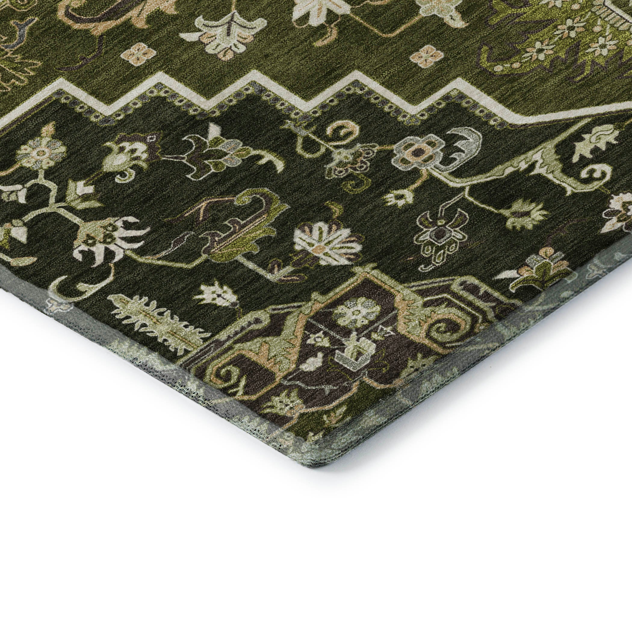 Kathmandu Machine Washable Traditional Olive Green Rug 1'8" x 2'6" #shape_Rectangle