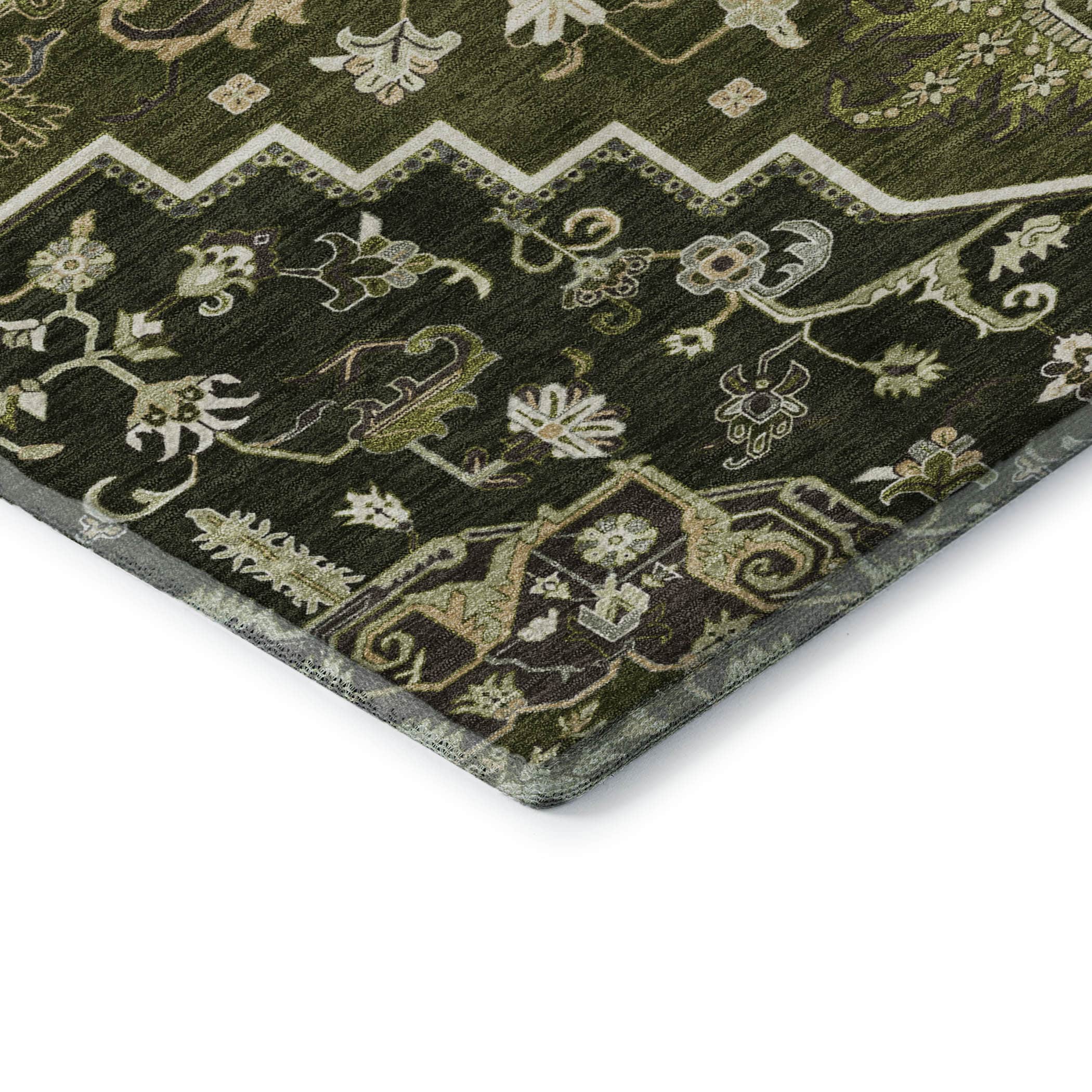 Kathmandu Machine Washable Traditional Olive Green Rug 1'8" x 2'6" #shape_Rectangle