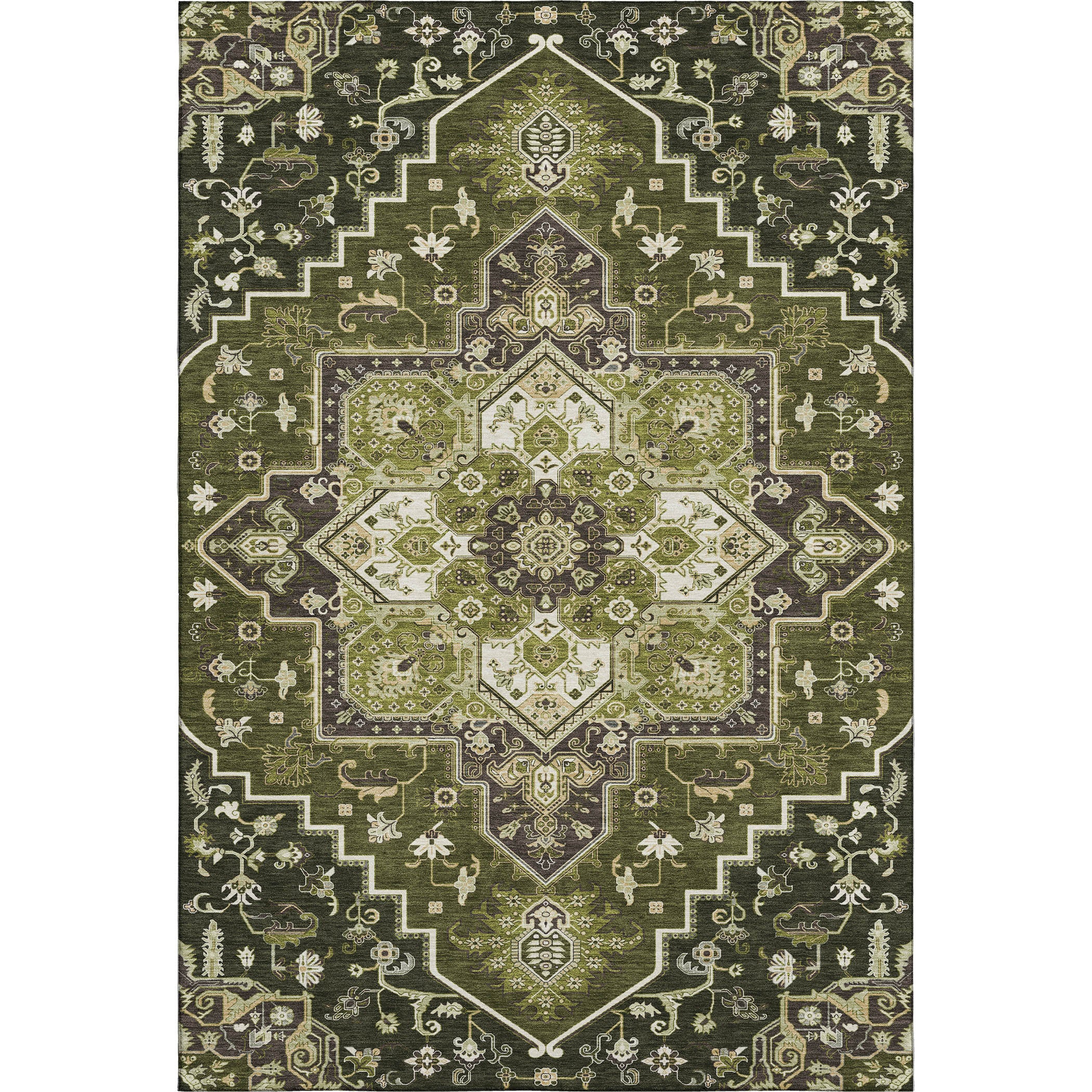 Kathmandu Machine Washable Traditional Olive Green Rug 2'6" x 3'10" #shape_Rectangle
