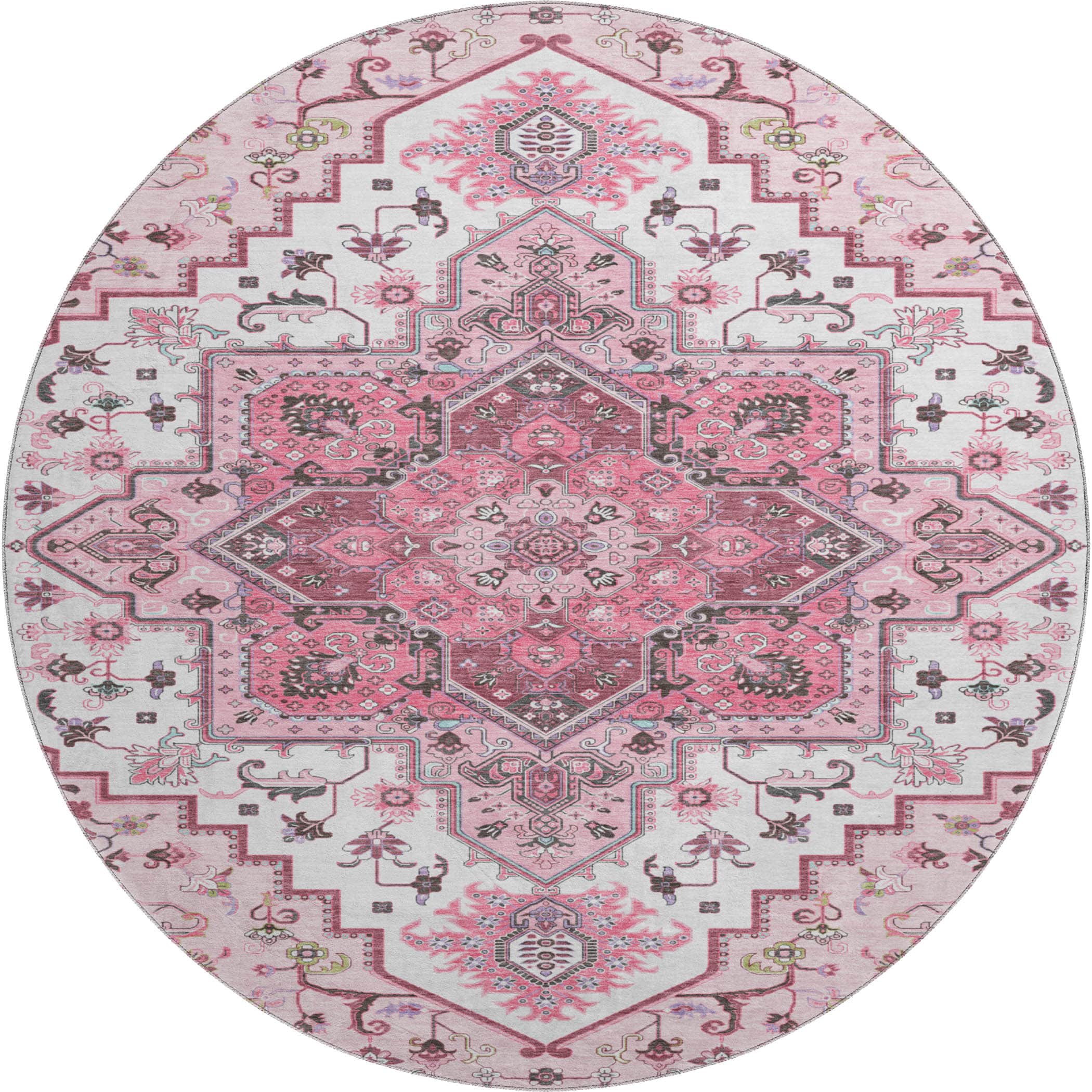 Kathmandu Machine Washable Traditional Pink Rug 8' x 8' #shape_Round
