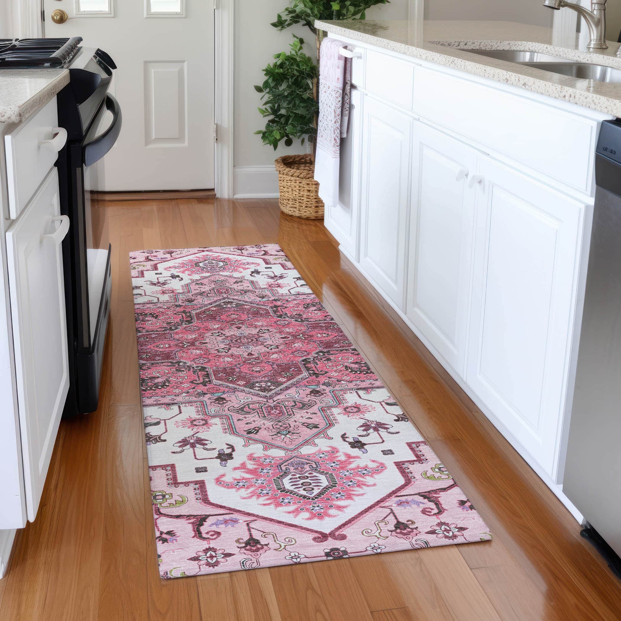 Kathmandu Machine Washable Traditional Pink Rug 2'3" x 7'6" #shape_Runner