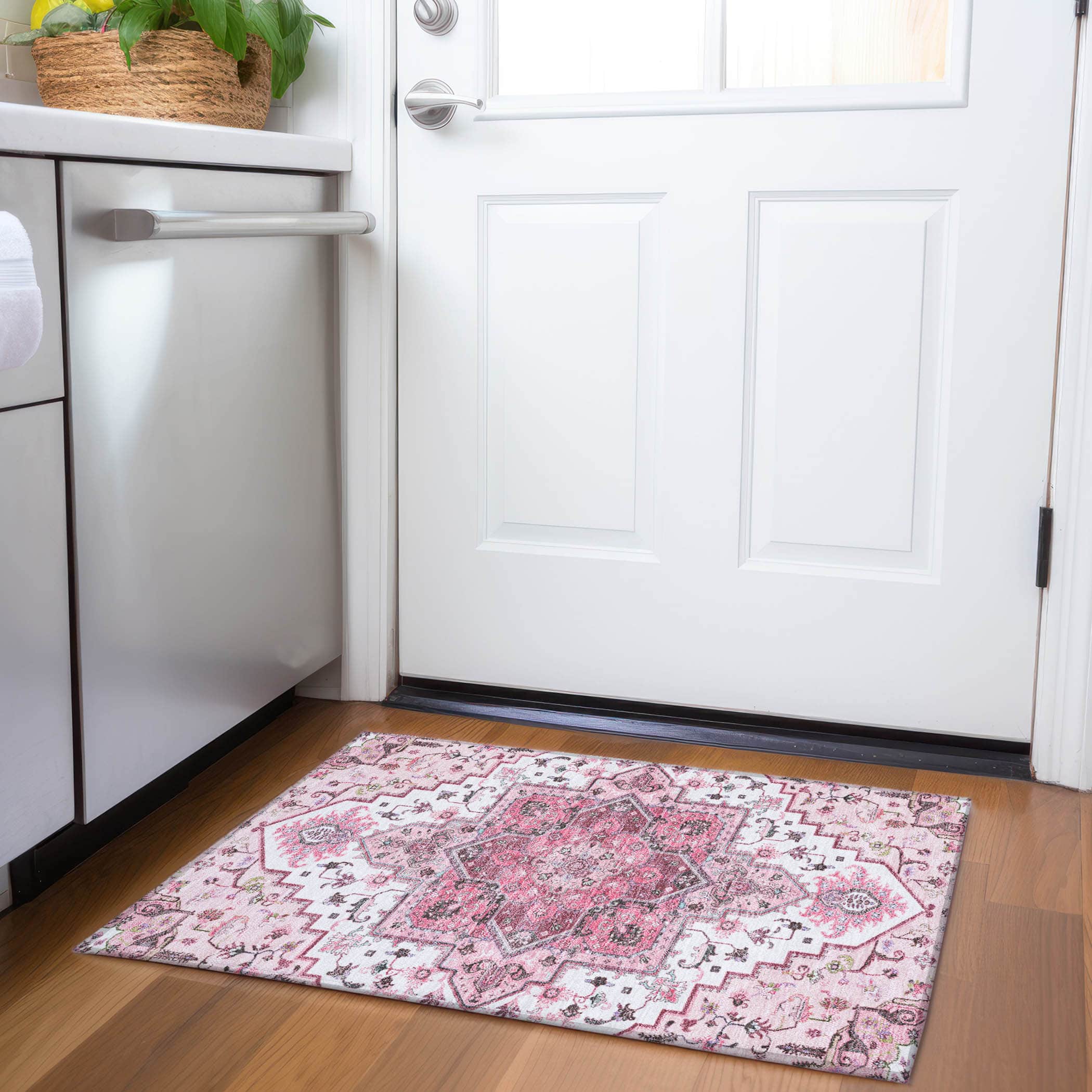 Kathmandu Machine Washable Traditional Pink Rug 1'8" x 2'6" #shape_Rectangle