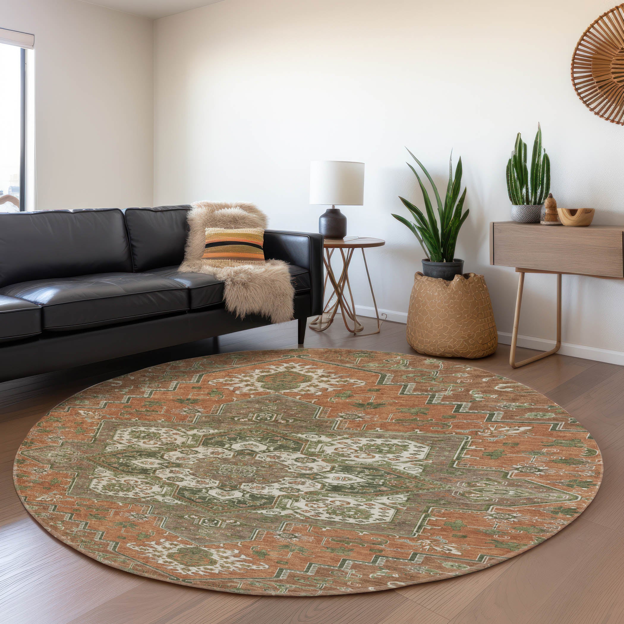 Kathmandu Machine Washable Traditional Rust Orange Rug 8' x 8' #shape_Round