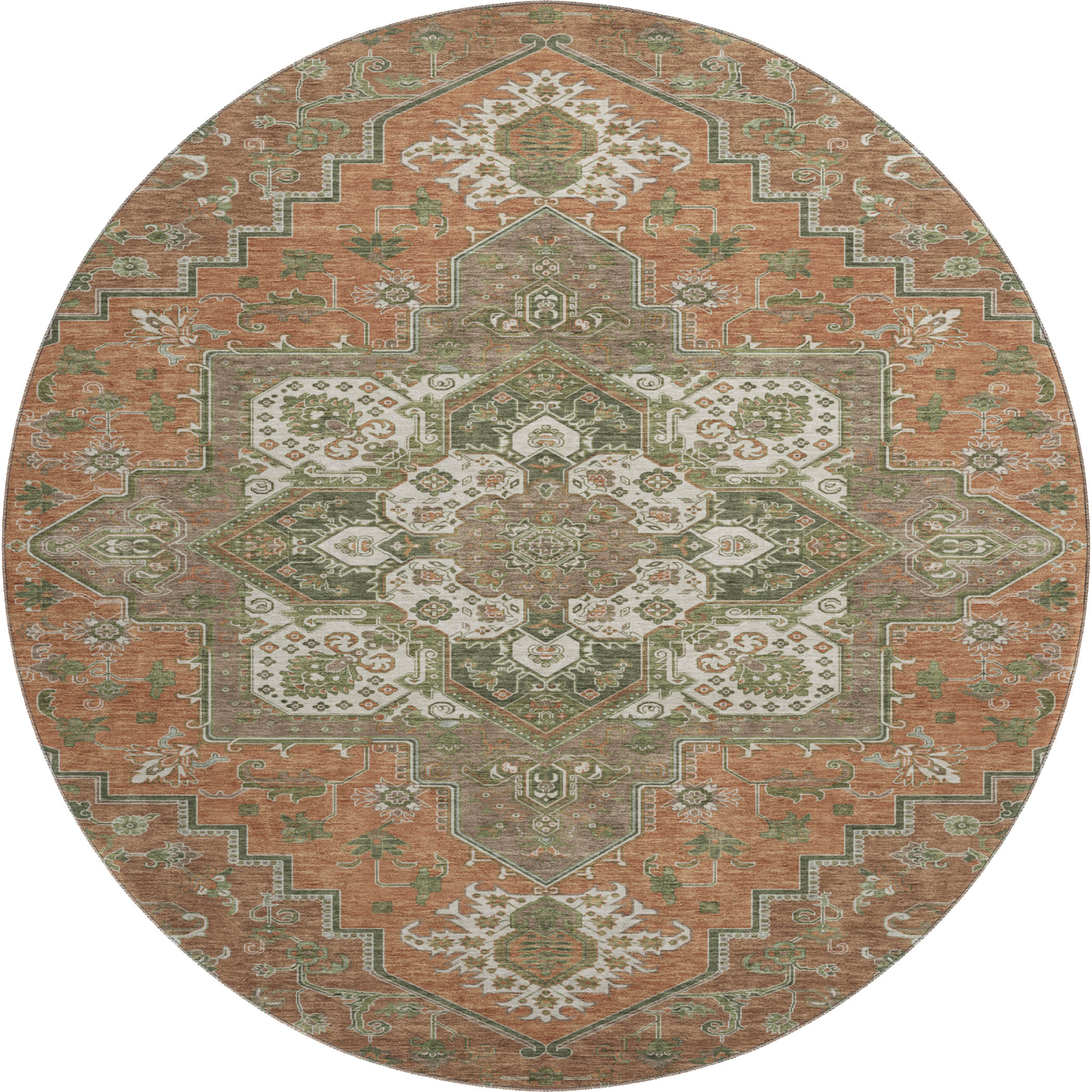 Kathmandu Machine Washable Traditional Rust Orange Rug 8' x 8' #shape_Round