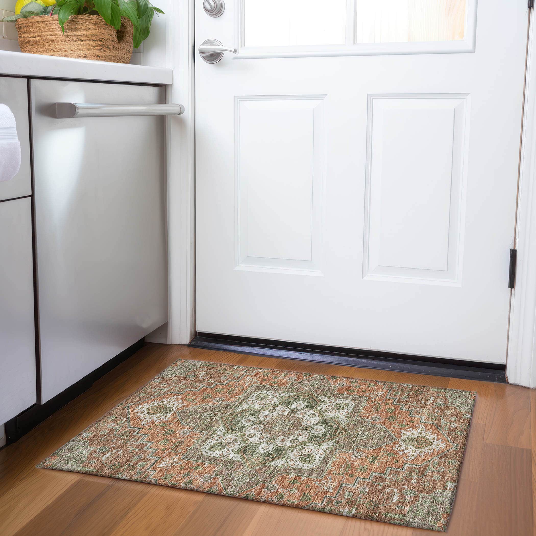 Kathmandu Machine Washable Traditional Rust Orange Rug 1'8" x 2'6" #shape_Rectangle