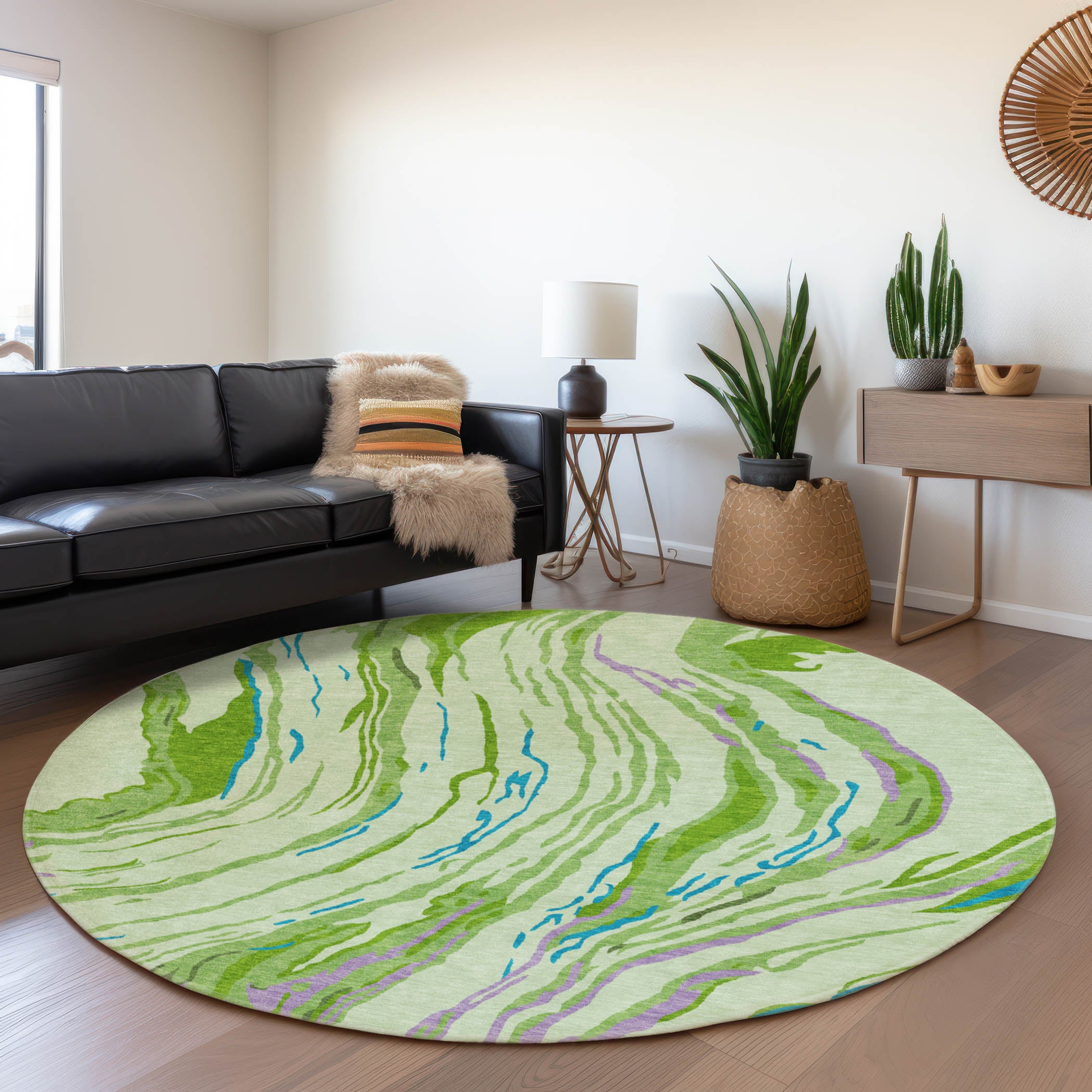Bogota Machine Washable Transitional Green Rug 8' x 8' #shape_Round