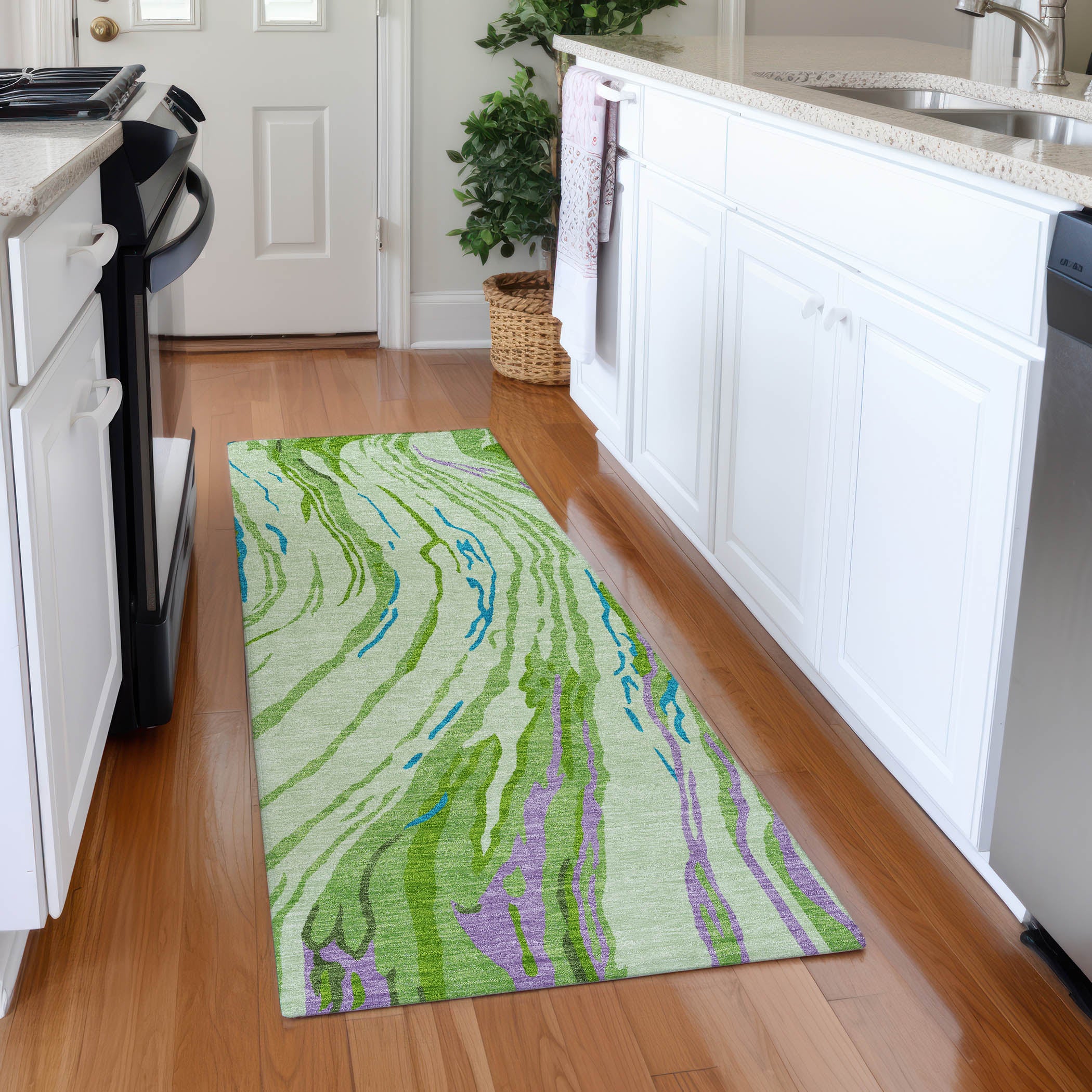 Bogota Machine Washable Transitional Green Rug 2'3" x 7'6" #shape_Runner