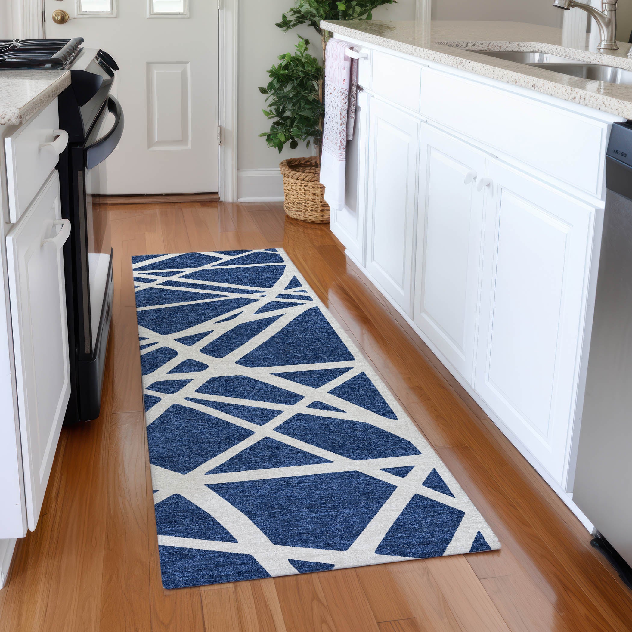 Bern Machine Washable Transitional Navy Blue Rug 2'3" x 7'6" #shape_Runner