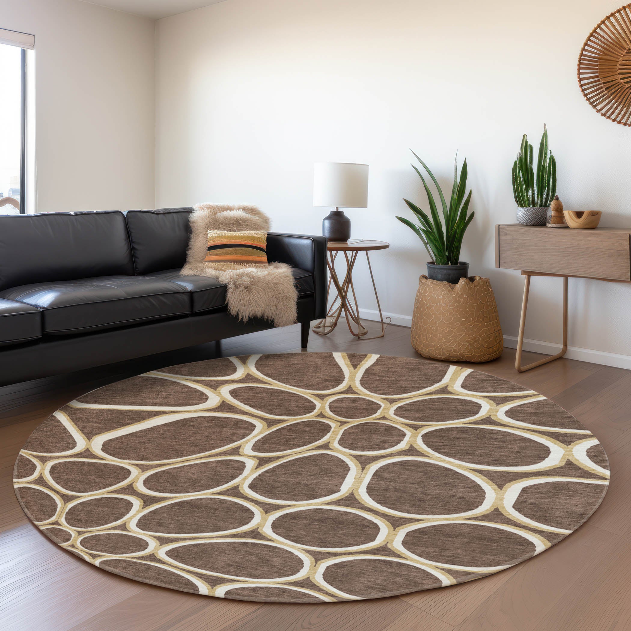 Oslo Machine Washable Transitional Brown Rug 8' x 8' #shape_Round