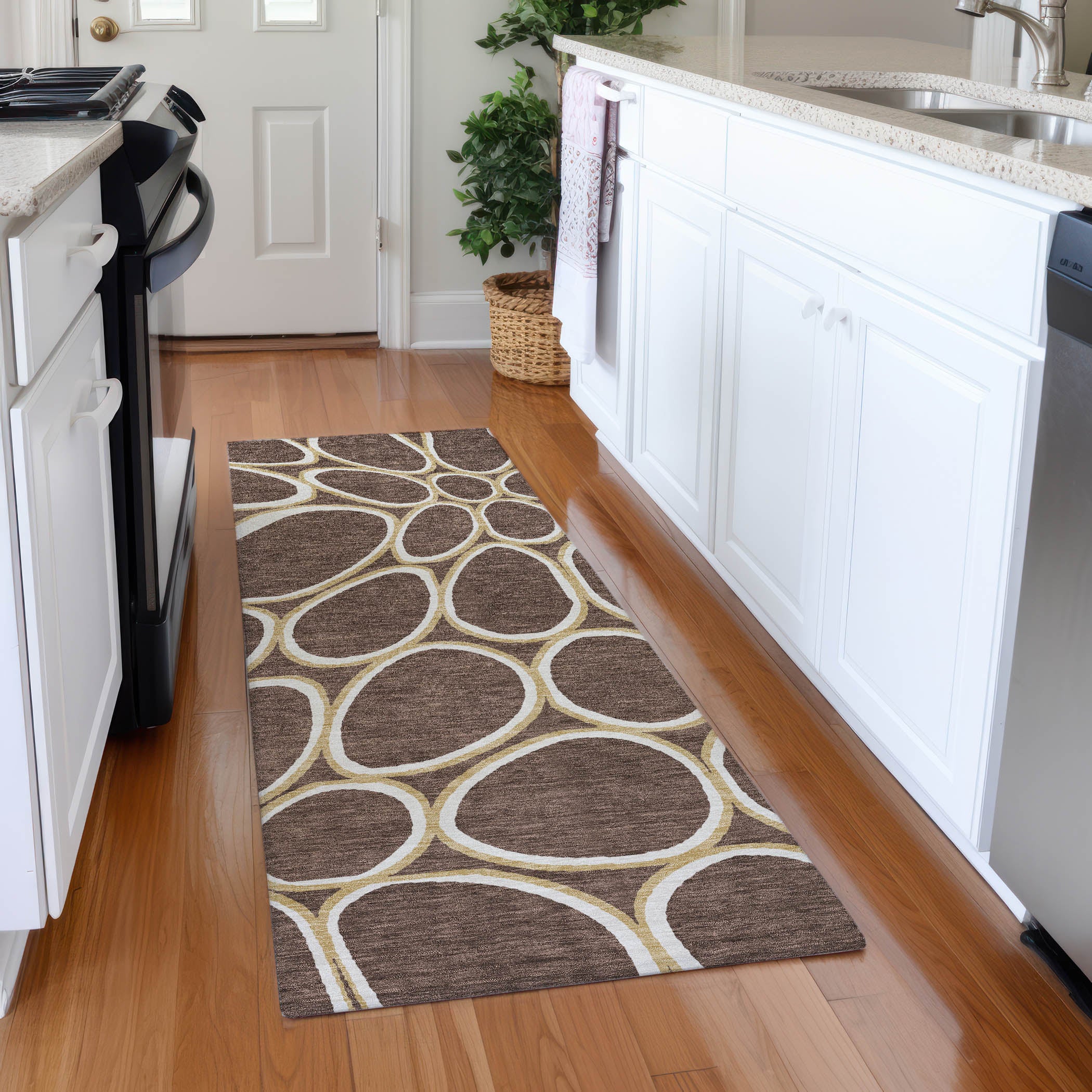 Oslo Machine Washable Transitional Brown Rug 2'3" x 7'6" #shape_Runner