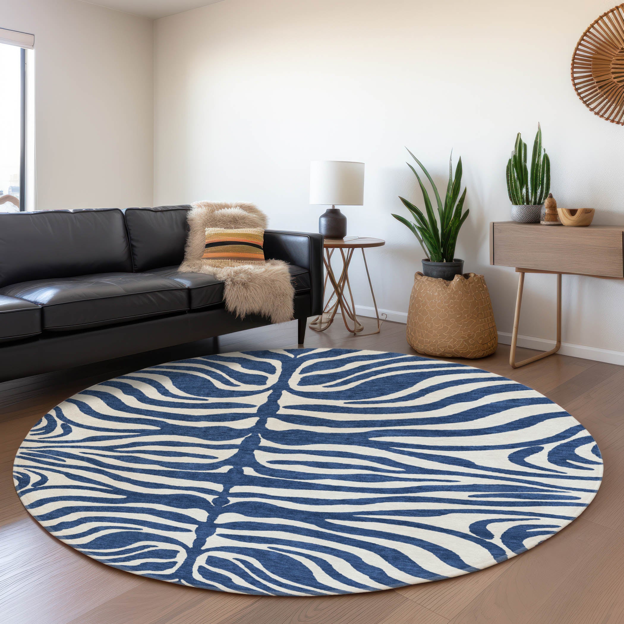 Dubrovnik Machine Washable Transitional Navy Blue Rug 8' x 8' #shape_Round