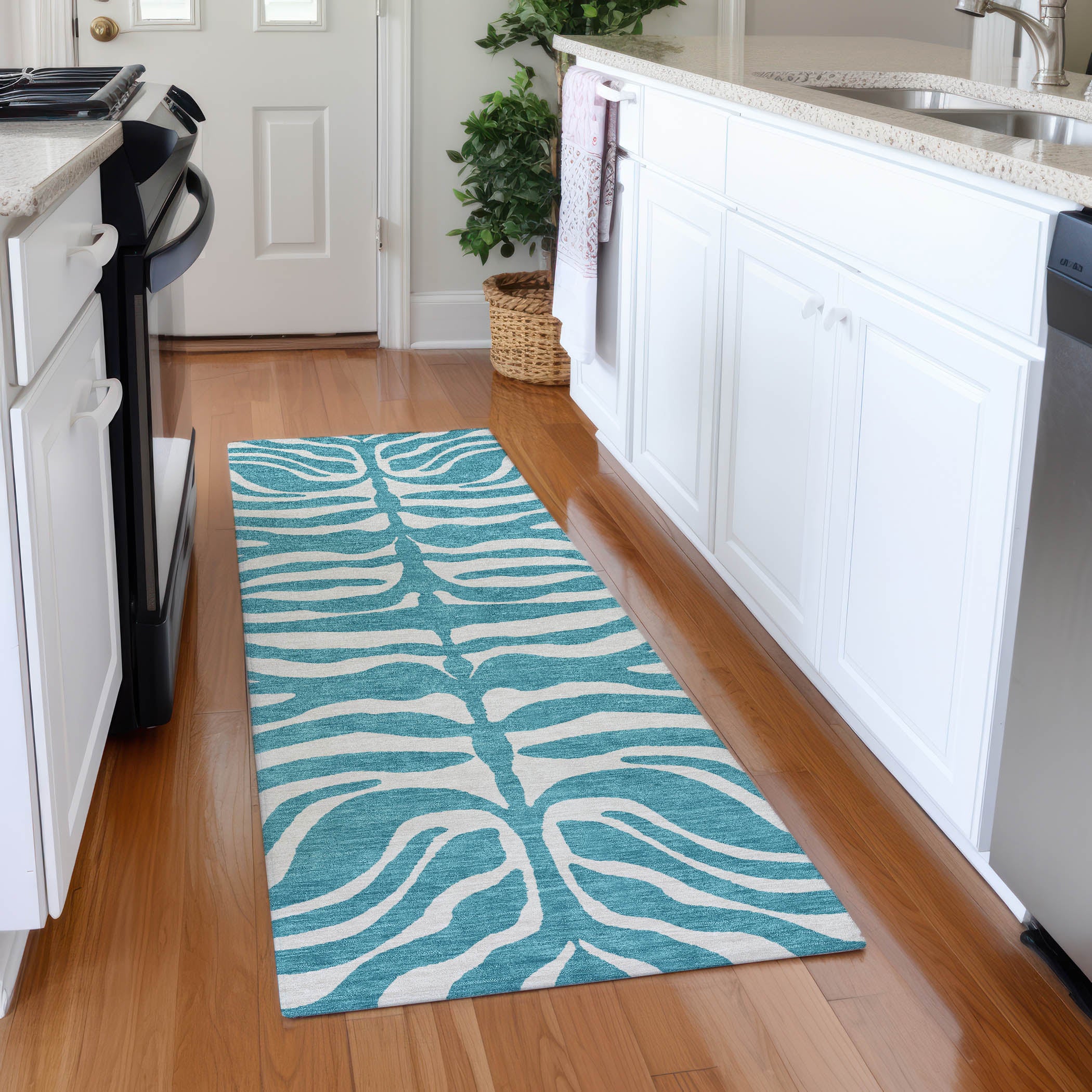 Dubrovnik Machine Washable Transitional Teal Rug 2'3" x 7'6" #shape_Runner