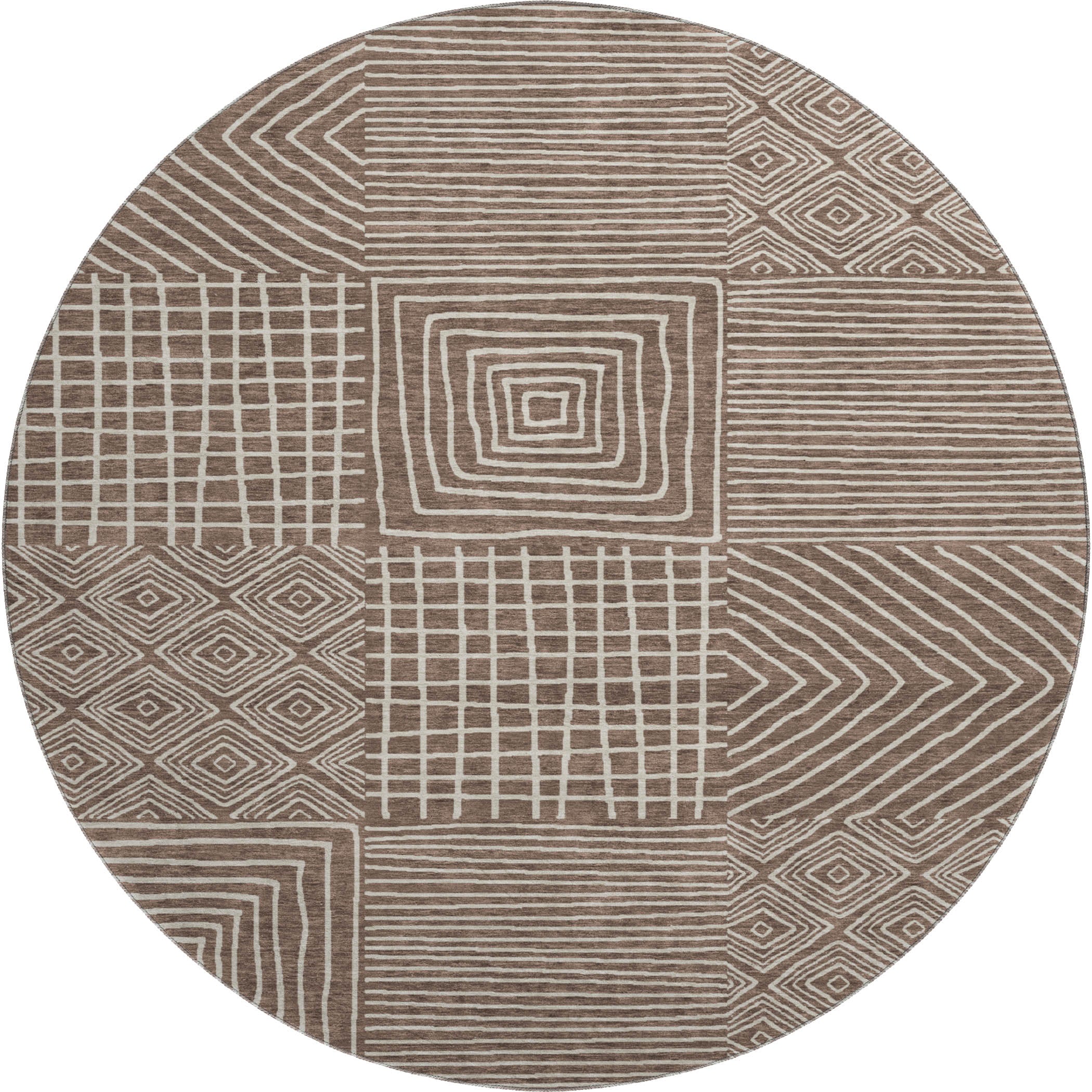 Santorini Machine Washable Transitional Brown Rug 8' x 8' #shape_Round