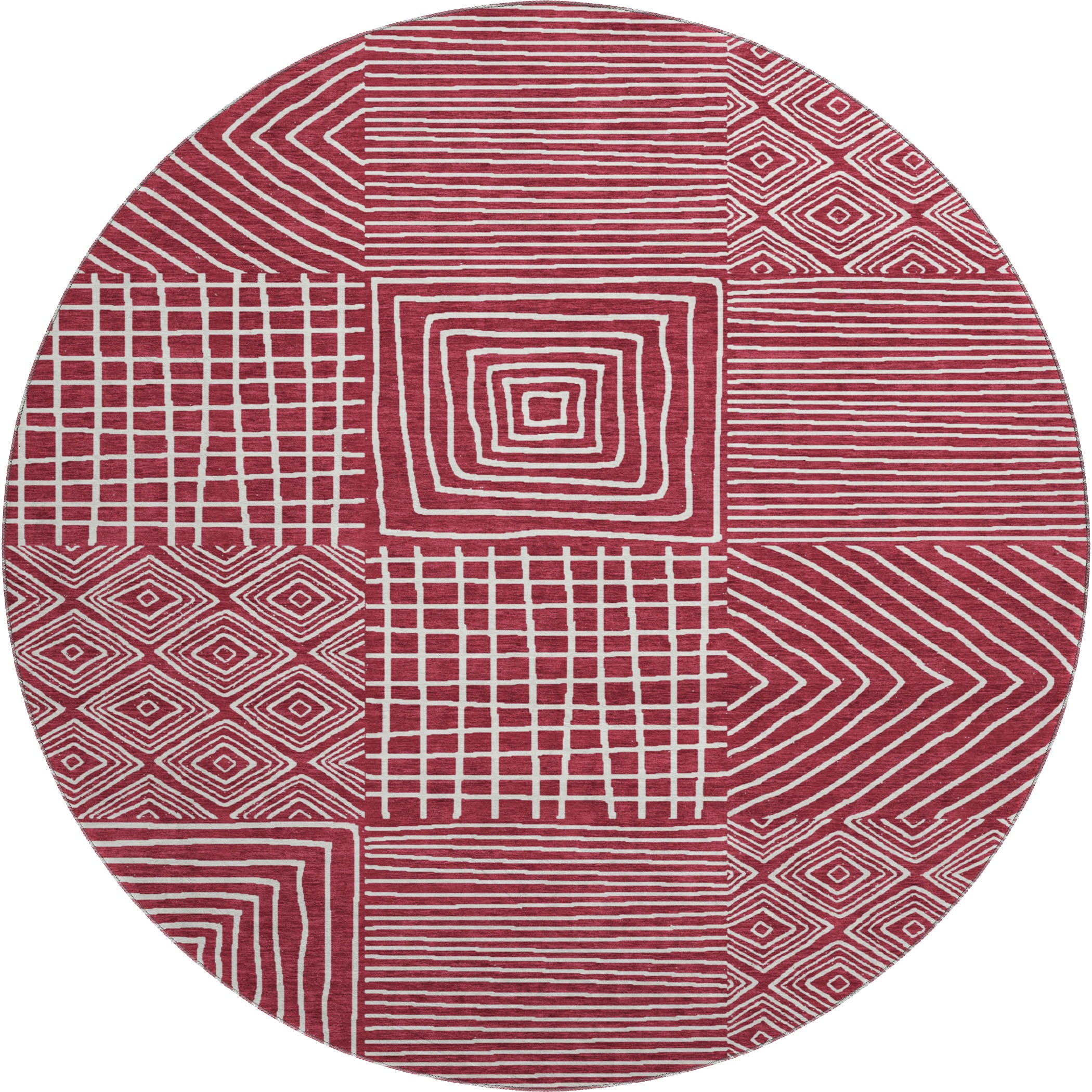 Santorini Machine Washable Transitional Garnet Red Rug 8' x 8' #shape_Round