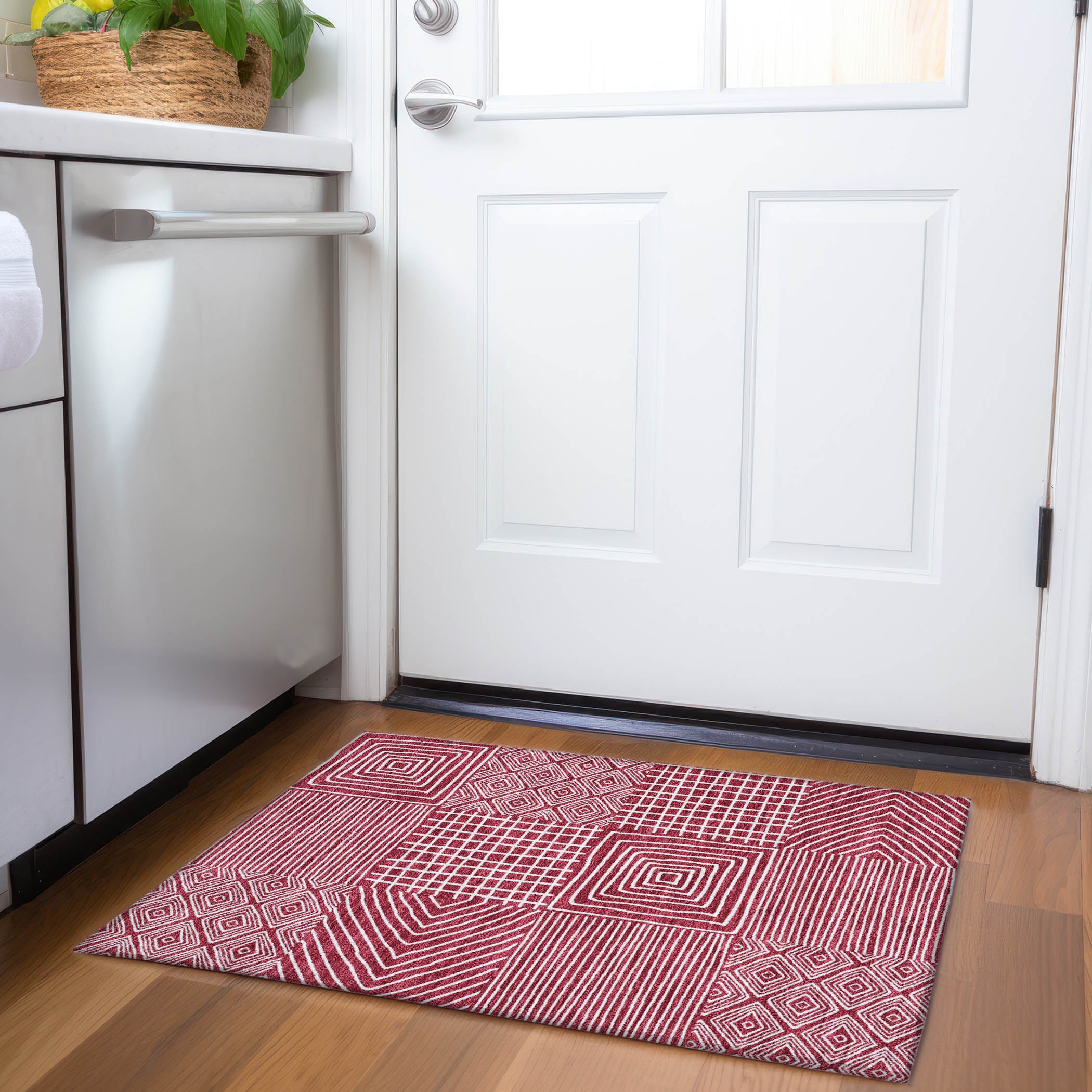 Santorini Machine Washable Transitional Garnet Red Rug 1'8" x 2'6" #shape_Rectangle
