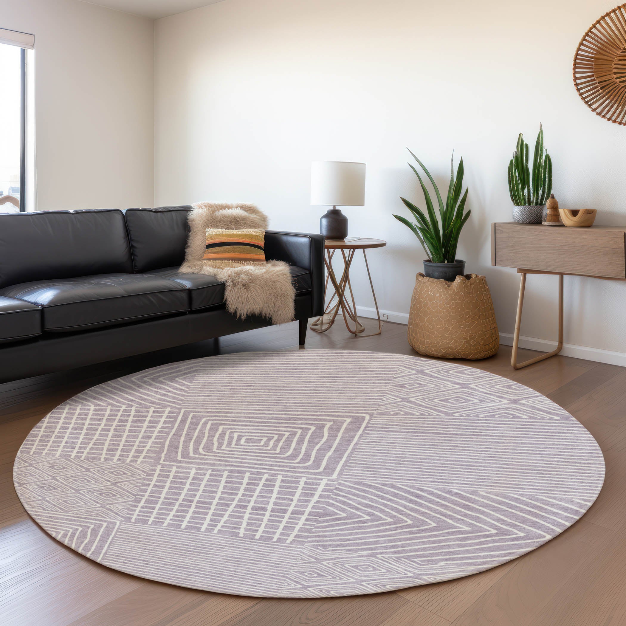 Santorini Machine Washable Transitional Lavender Purple Rug 8' x 8' #shape_Round