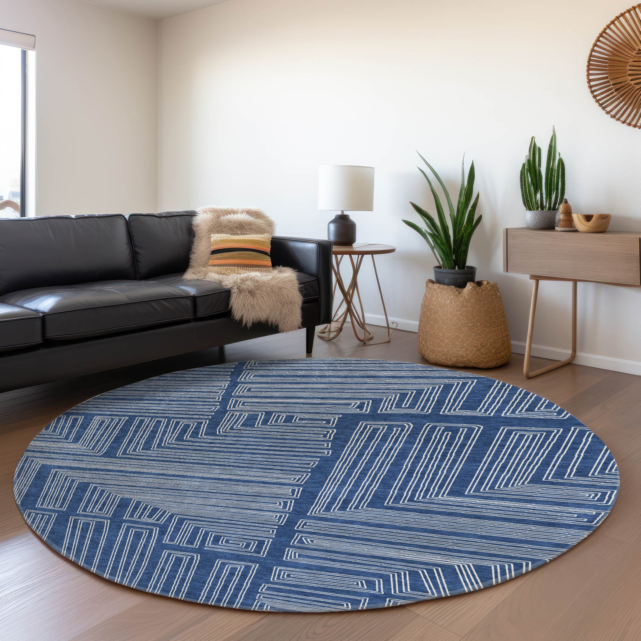 Vienna Machine Washable Transitional Navy Blue Rug 8' x 8' #shape_Round