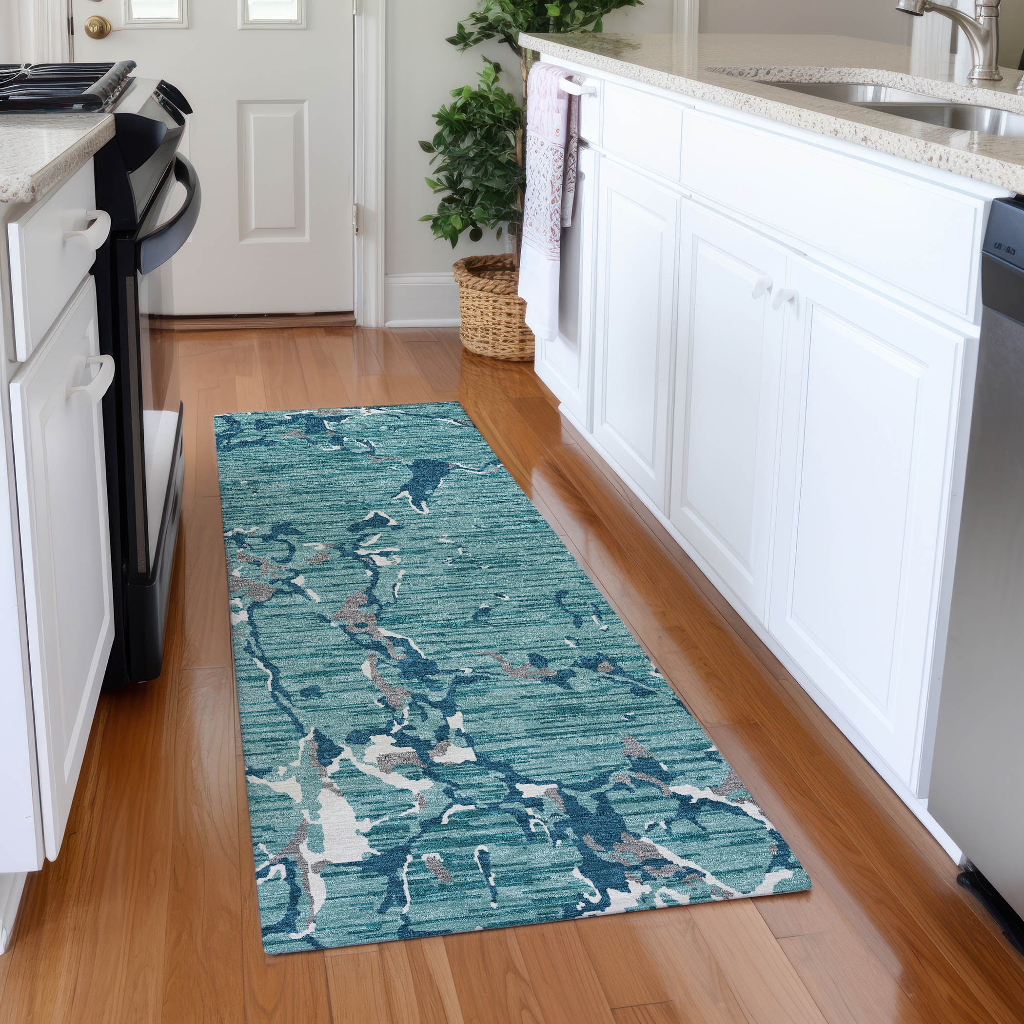 Baku Machine Washable Transitional Teal Rug 2'3" x 7'6" #shape_Runner
