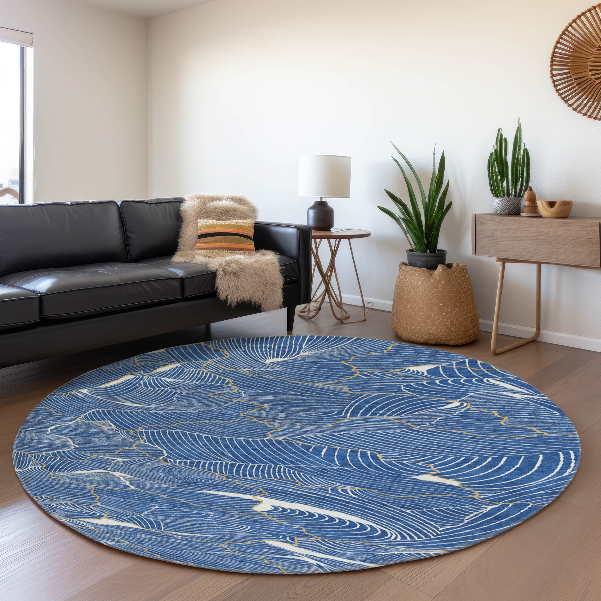 Seville Machine Washable Transitional Blue Rug 8' x 8' #shape_Round