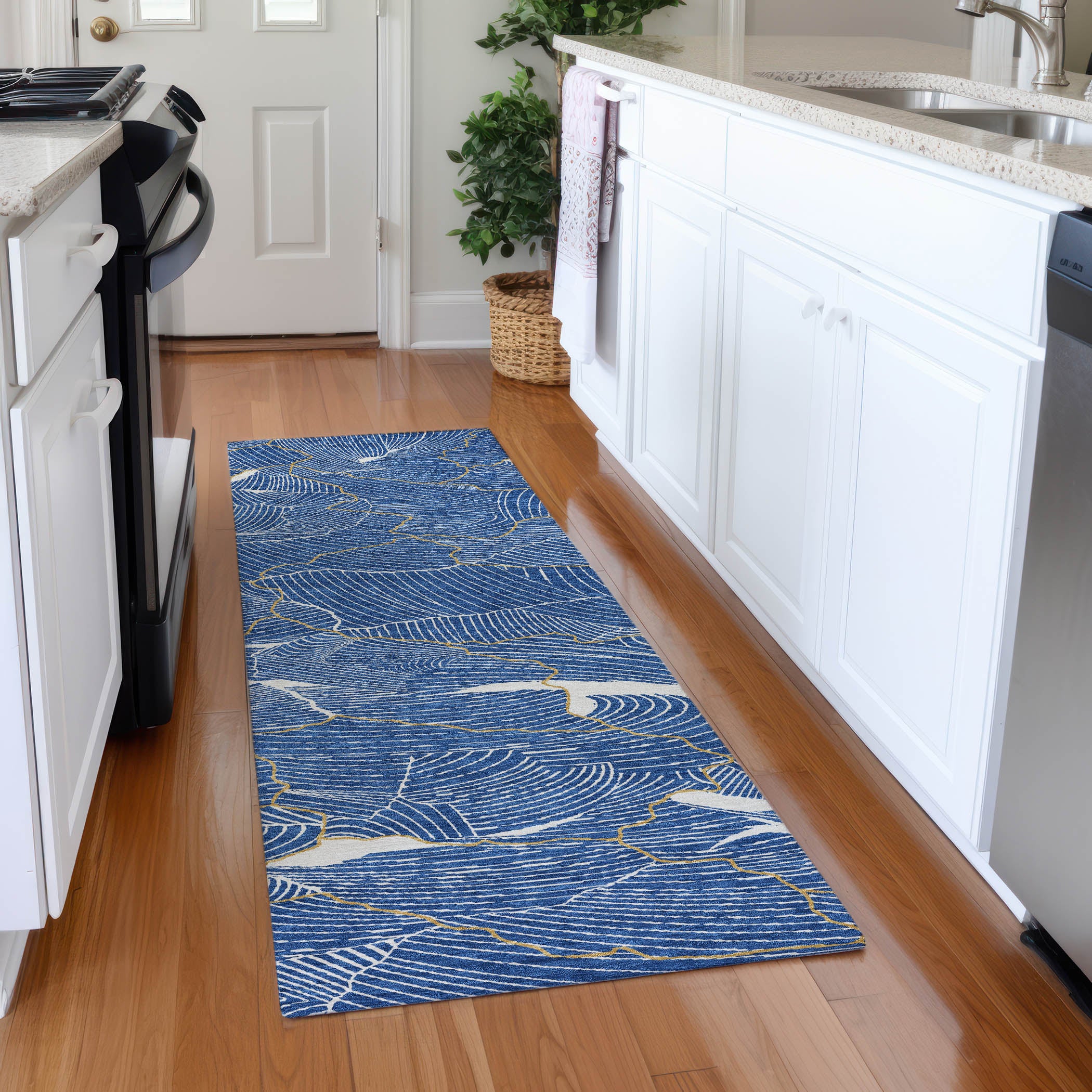 Seville Machine Washable Transitional Blue Rug 2'3" x 7'6" #shape_Runner