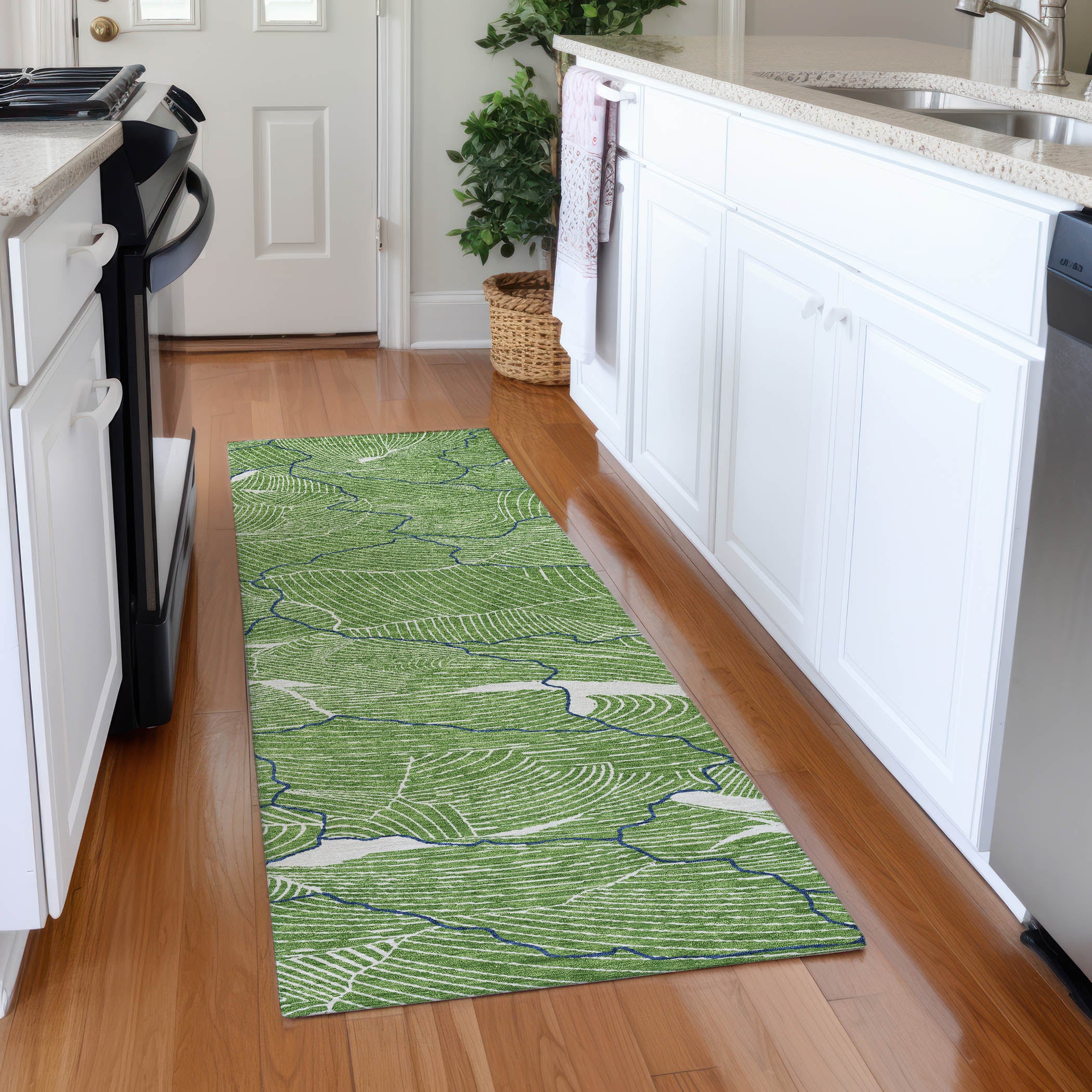 Seville Machine Washable Transitional Green Rug 2'3" x 7'6" #shape_Runner