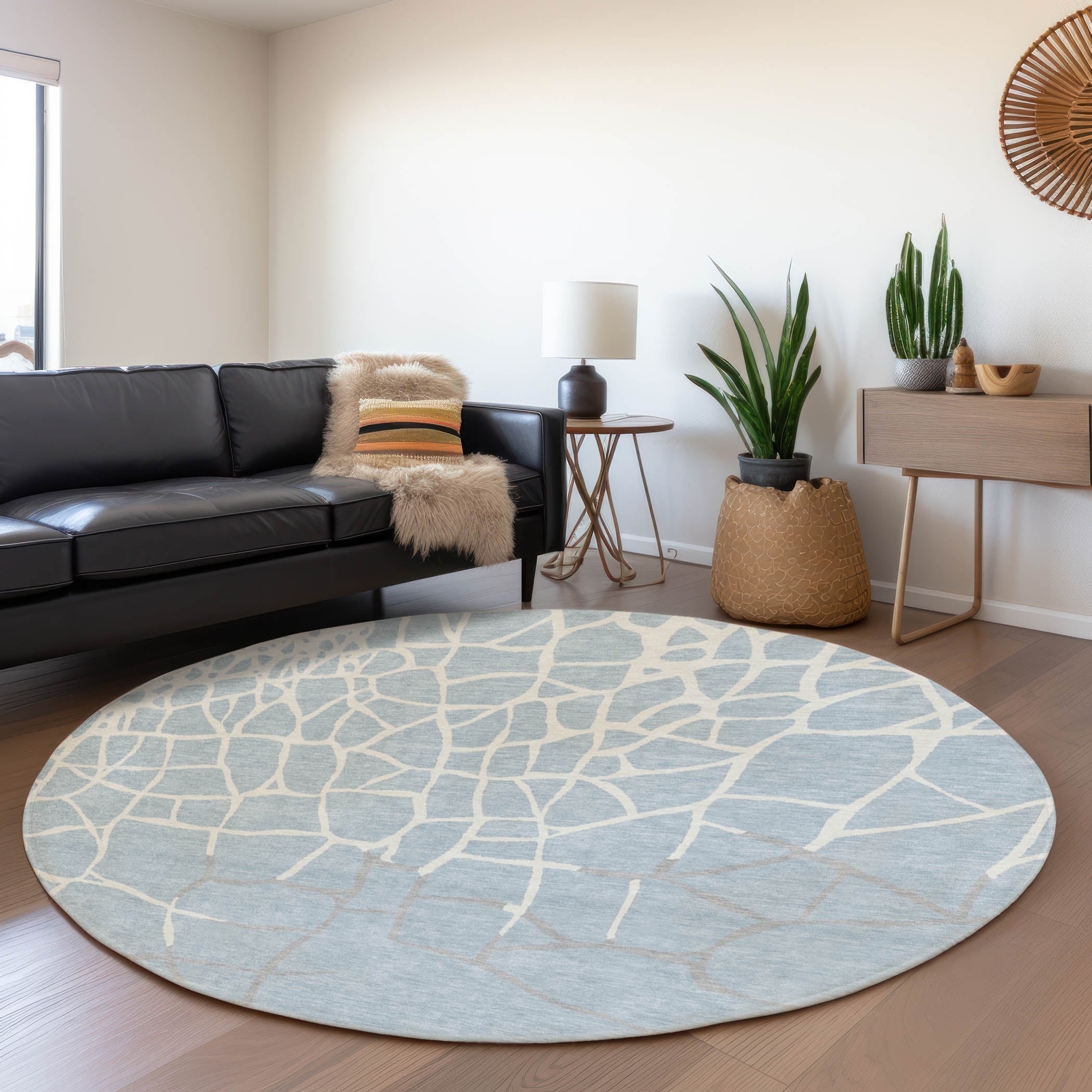 Dubrovnik Machine Washable Transitional Sky Blue Rug 8' x 8' #shape_Round